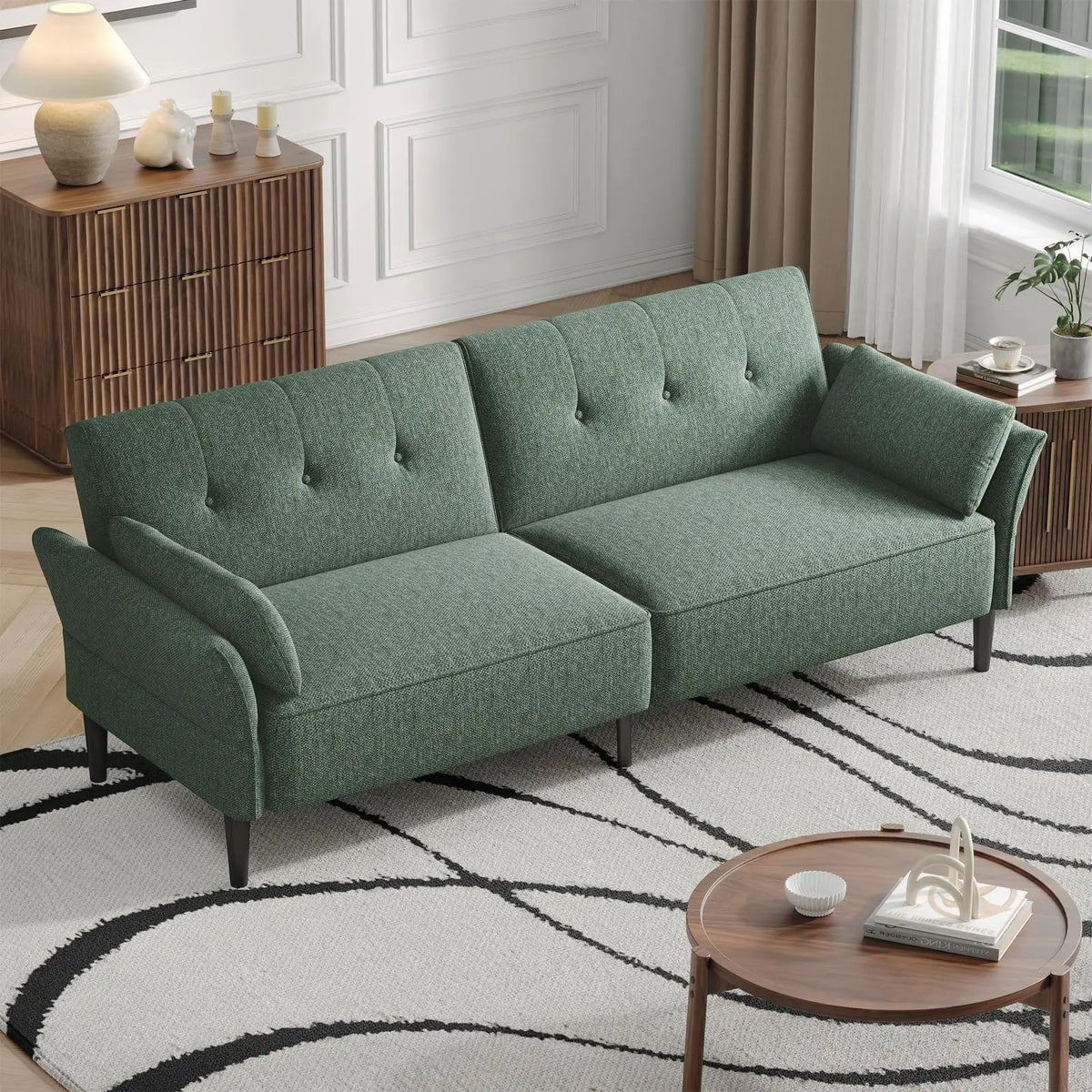 89” Futon Sofa Bed, Comfy Futon Couch Bed with 2 Square Pillows, Convertible Sleeper Sofa with Adjustable Backrest & Armrests