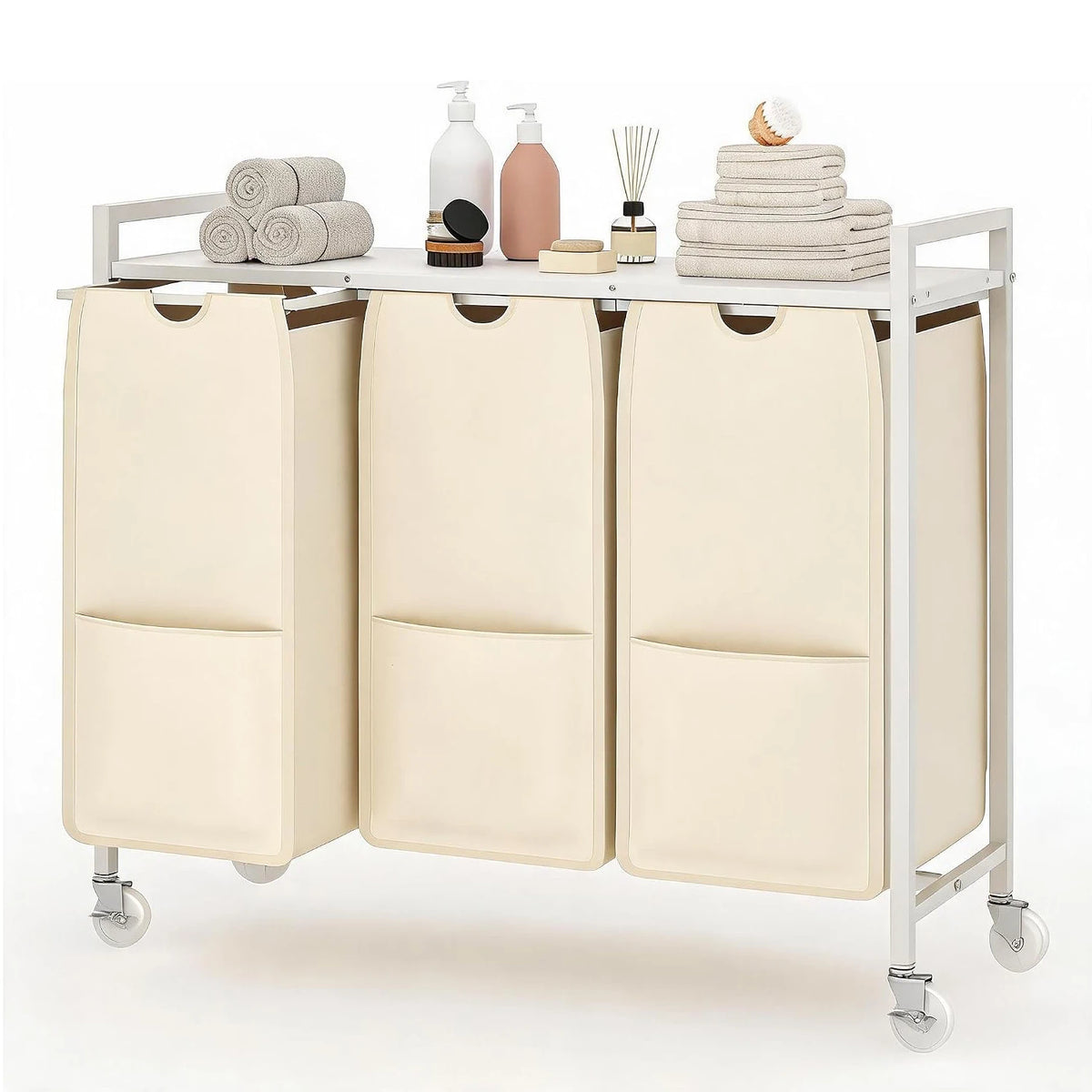 Laundry Sorter 3 Section, Laundry Hamper with Wheels, 120L Laundry Basket with Shelf, Removable Bags, Pockets, for Laundry Room, Bathroom & Bedroom