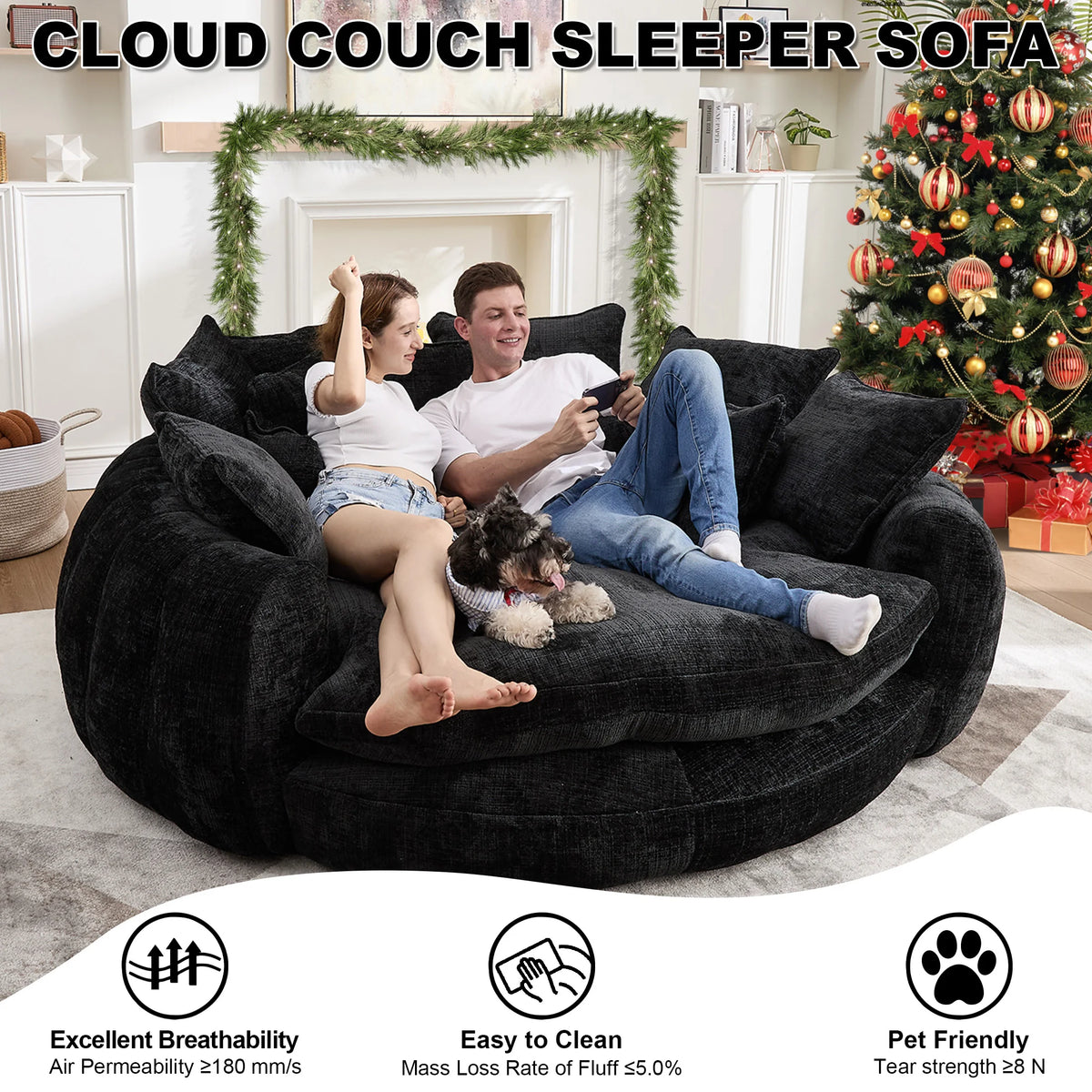 81.1" Oversized Round Chaise Lounge Sofa Bed, Chenille Fabric Circle Cloud Couch with 14 Pillows and Backrest, No Assembly Required Modern Sofa for Living Room, Black