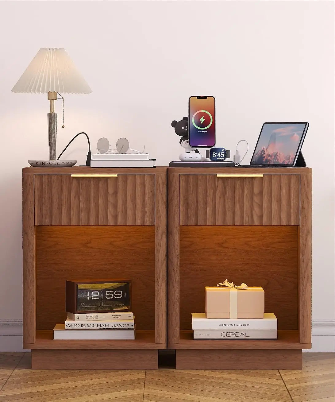 Walnut Fluted Nightstands Set of 2, Bedside Tables with Charging Station