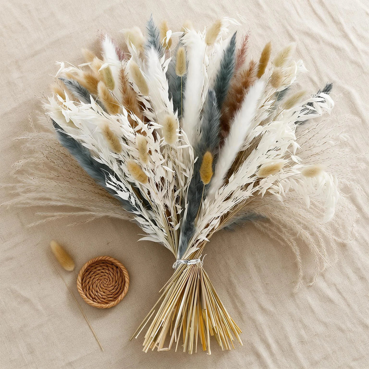 100PCS Pampas Grass Bouquet 17.5in Mixed Dried Flowers Bunny Tails Dried Oats Reed Grass Dusty Blue White Beige Boho Neutral Home Wedding Decor Farmhouse Table Centerpiece Vase Filler Rustic Minimalist Handmade Vase Not Inclu