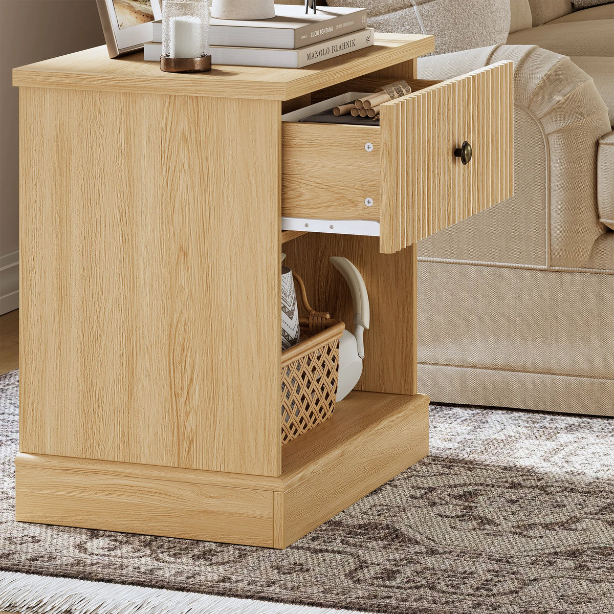 Mid-Century Modern Fluted Bedside Table | Single Drawer & Open Shelf – Natural Oak Finish MDF Bedside Table for Bedroom or Living Room