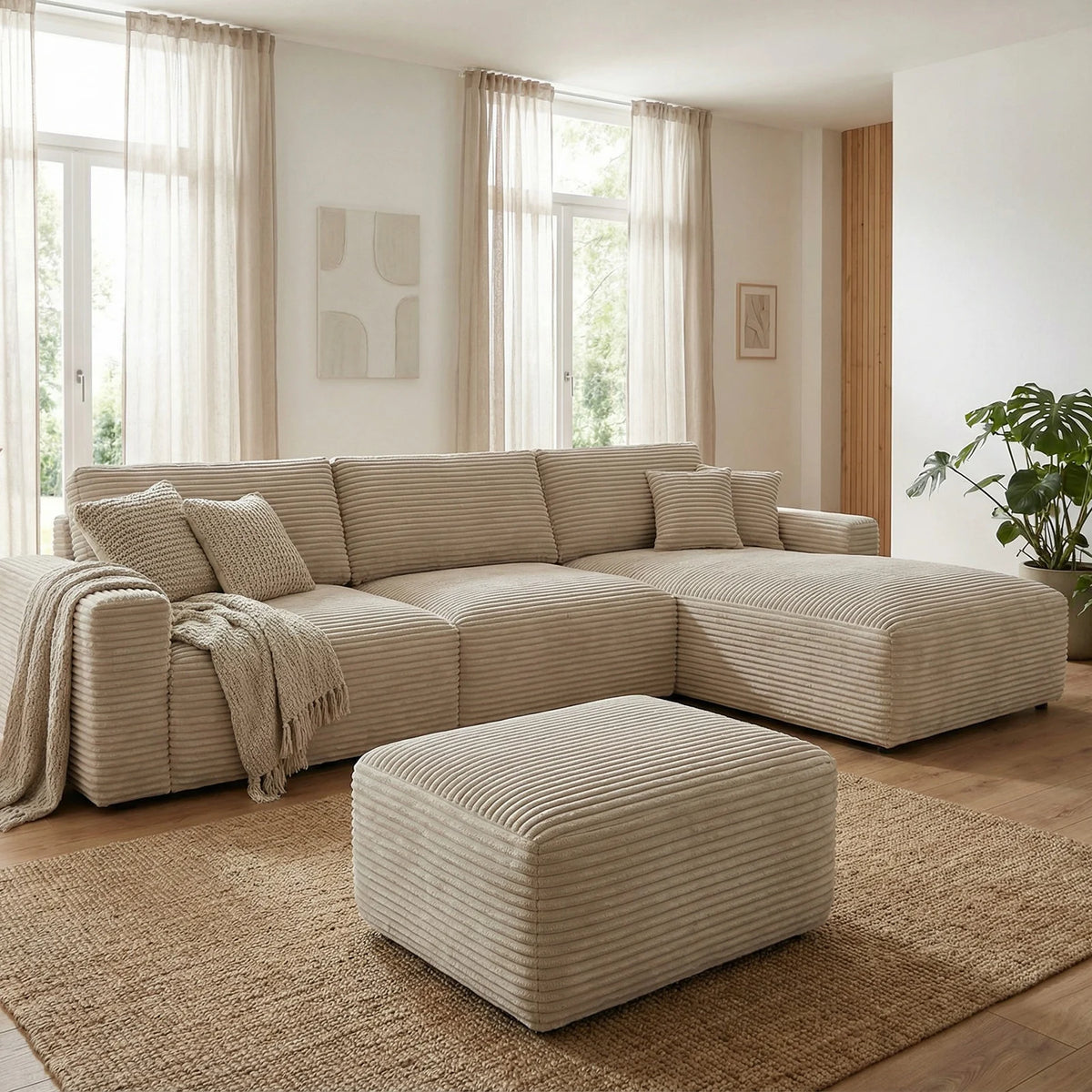 Plush Ottoman Sofa Bench Upholstered Cloud Ottoman Comfortable Supportive Modular Sectional Couch for Living Room Beige