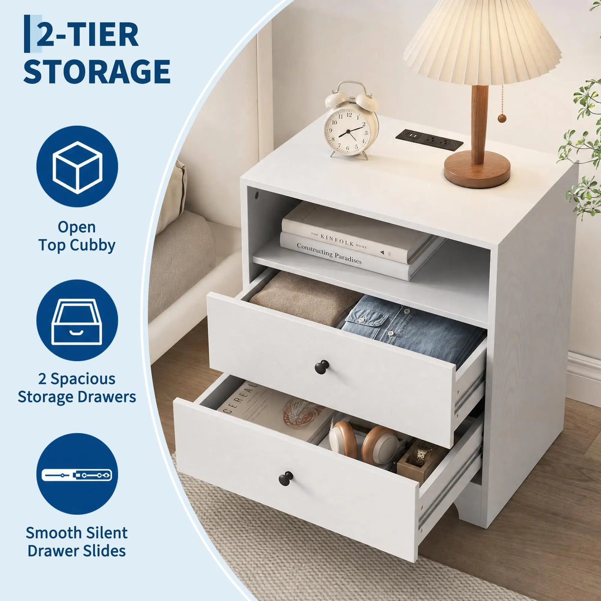 Nightstand Set Of 2 With Charging Station, 2 Drawer Bedside Tables With USB Ports & AC Outlets, Wood End Tables For Bedroom, Living Room