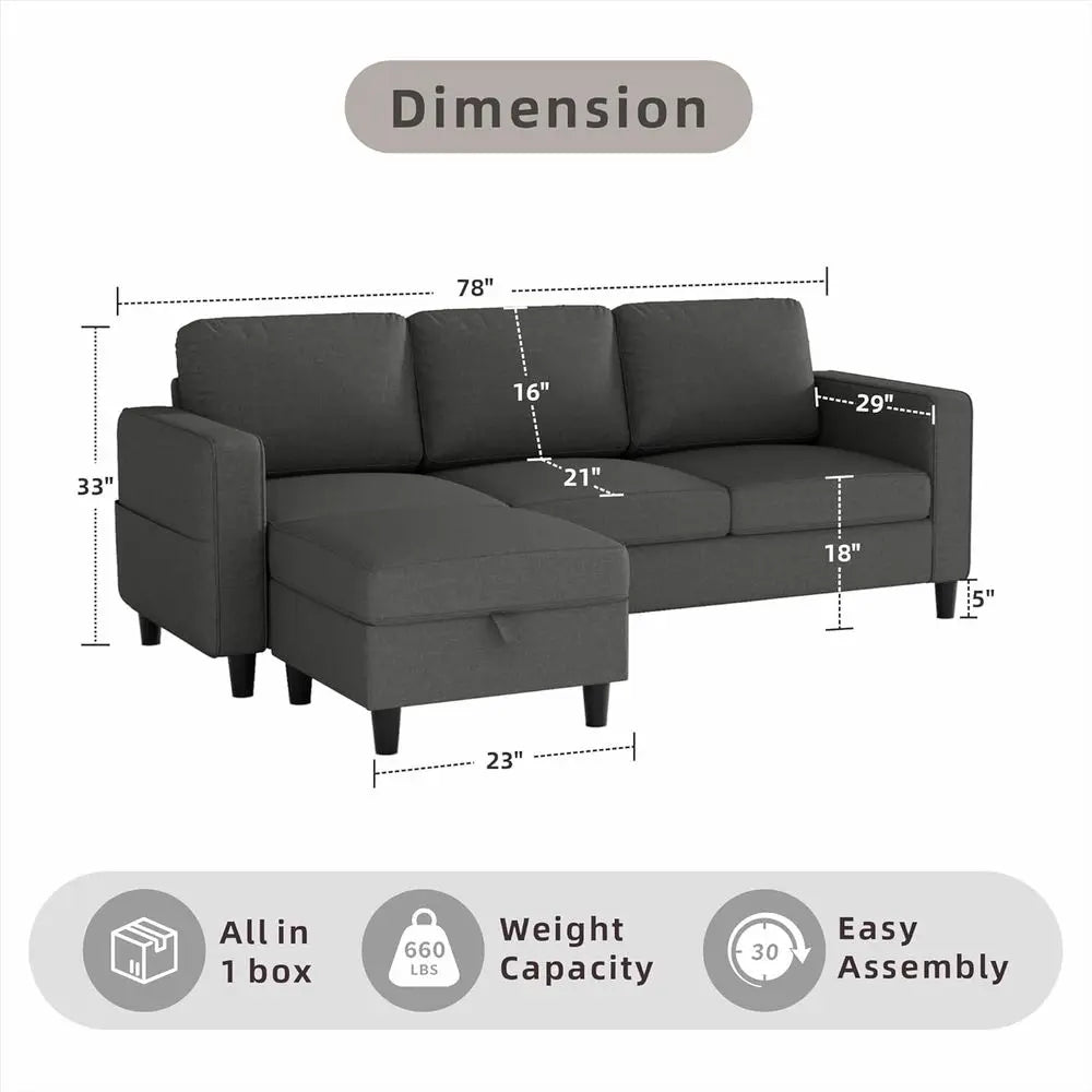 Sectional Sofa Couches for Living Room, Grey 3 Seat L-Shaped Couch with Storage Ottoman, Comfy Linen Convertible Sectionals Sofas