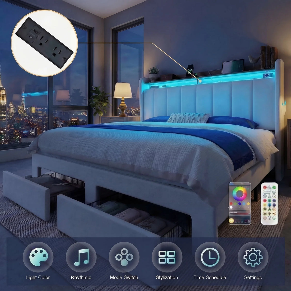HOOMIC Bed Frame, 2 Storage Drawers/2-Tier Shelves with LED Lights & Charging Station, No Box Spring Needed, Full/Queen/King
