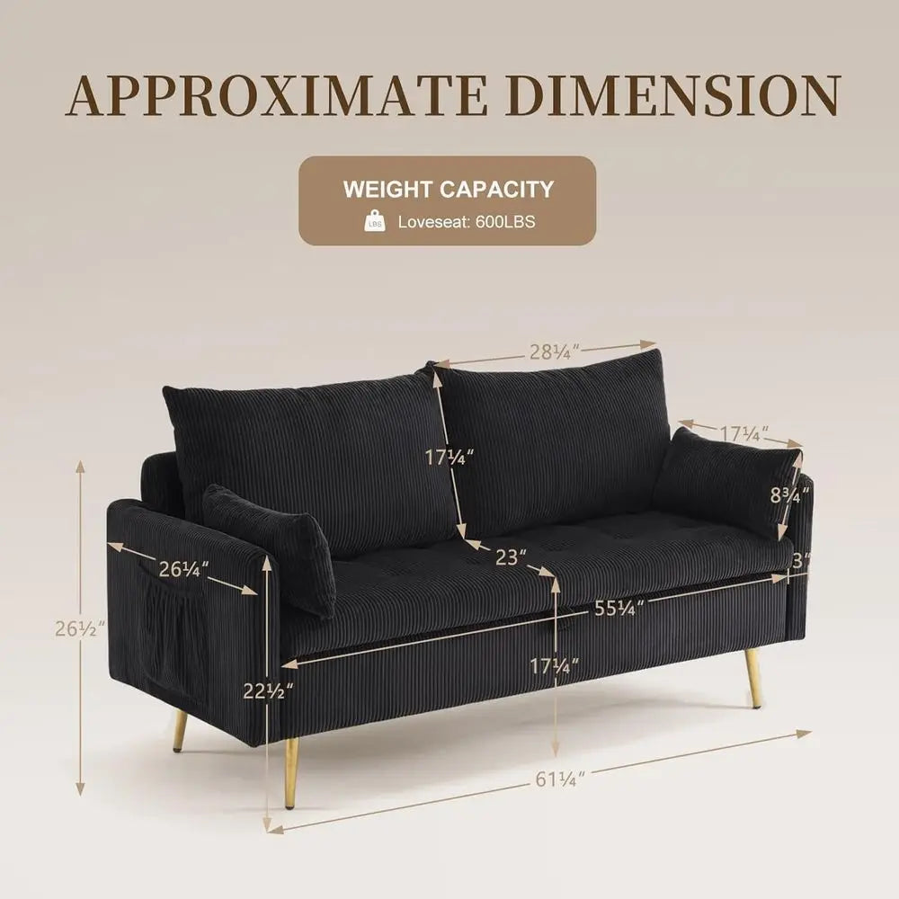 Black Loveseat Sofa with Hidden Storage, Upholstered 2 Seater Couch with Gold Metal Legs, Small Space Living Room Sofa