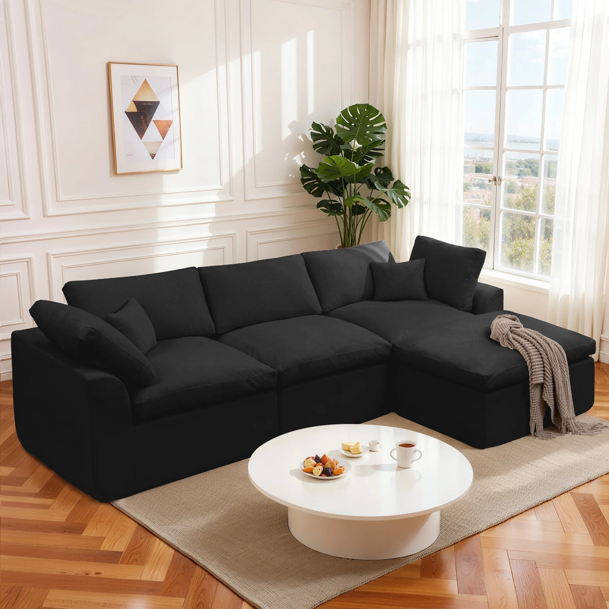 112 Inch Modular L-Shape Cloud Couch, Boneless Chenille Sectional Sofa with Spacious Deep Seats & Ottoman, Ready-to-Use Living Room Furniture