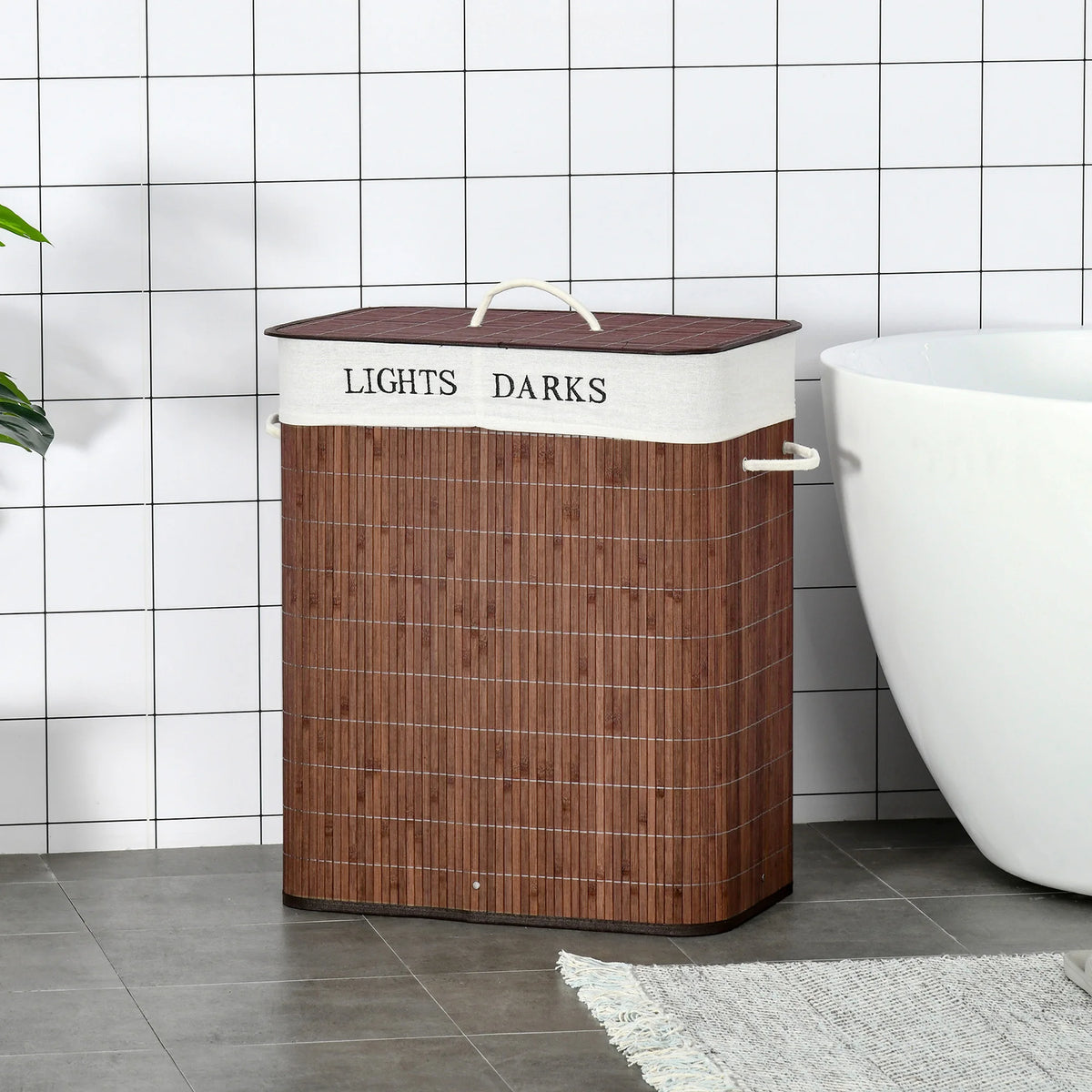 Laundry Hamper with Lid, Bamboo Foldable Laundry Basket 2 Section with 2 Removable Bags, 2 x 13.2 Gallons (50L), Brown