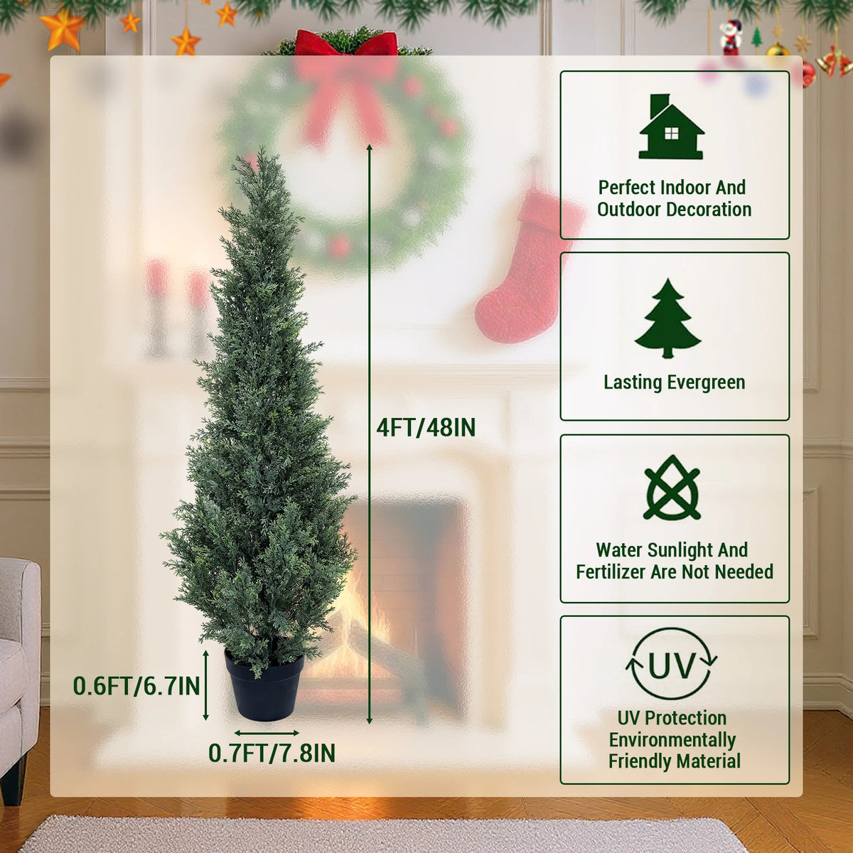 2pcs PE Artificial Cypress Trees, UV Protection, Outdoor Indoor Faux Pine Shrubs Plants in Black Pots for Garden, Patio, Porch, Home Décor 3-4FT