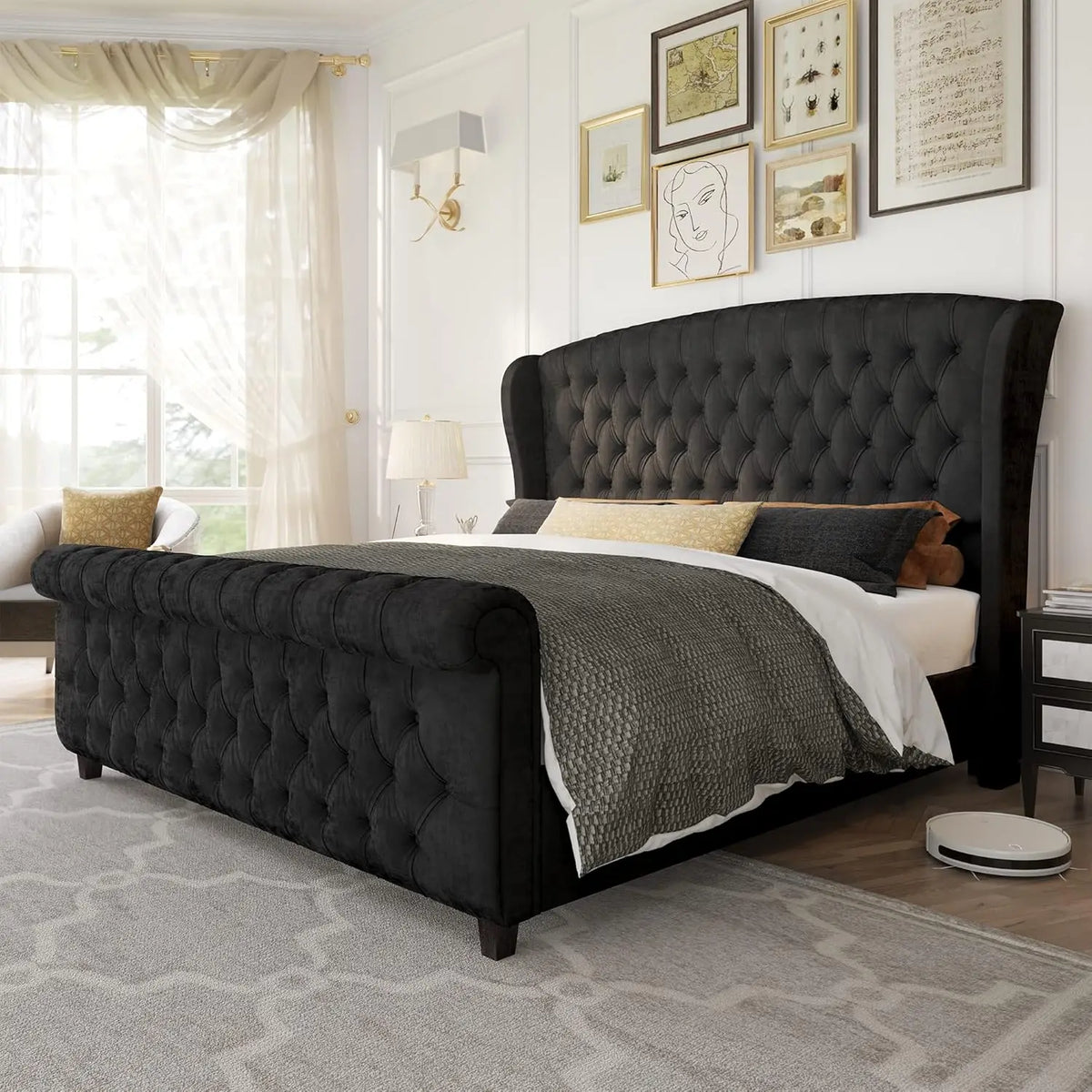 Queen Size Platform Bed Frame, Chenille Upholstered Sleigh Bed with Scroll Wingback Headboard & Footboard/Button, Customized
