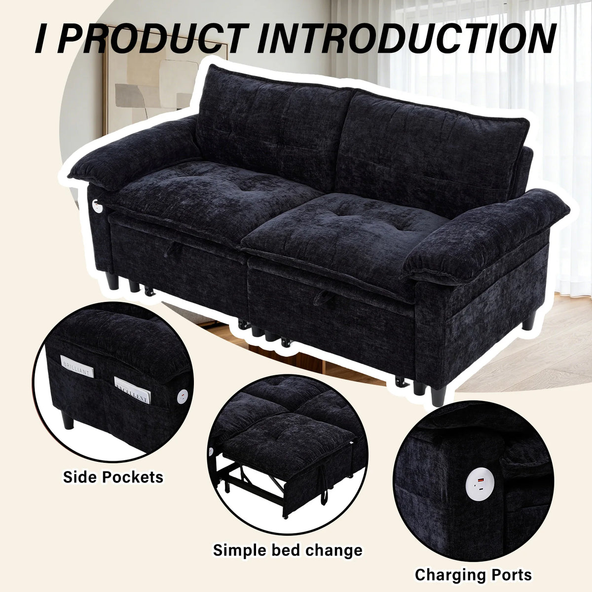 Double-person Convertible Sleeping Lounging Sofa With USB Charging Port 2-in-1 Upholstered Sofa Equipped With Thick  High-density Cushions Suitable for Small-sized Living Rooms Bedrooms Study Rooms Offices