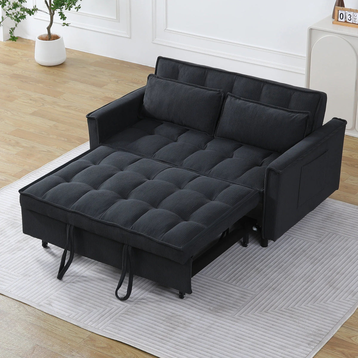 55.1" Corduroy Convertible Sleeper Sofa Bed, Pull Out 2-Seater Loveseat Couch with Side Storage Pocket & Throw Pillows, Compact Upholstered Sofa for Small Apartment Living Room Bedroom