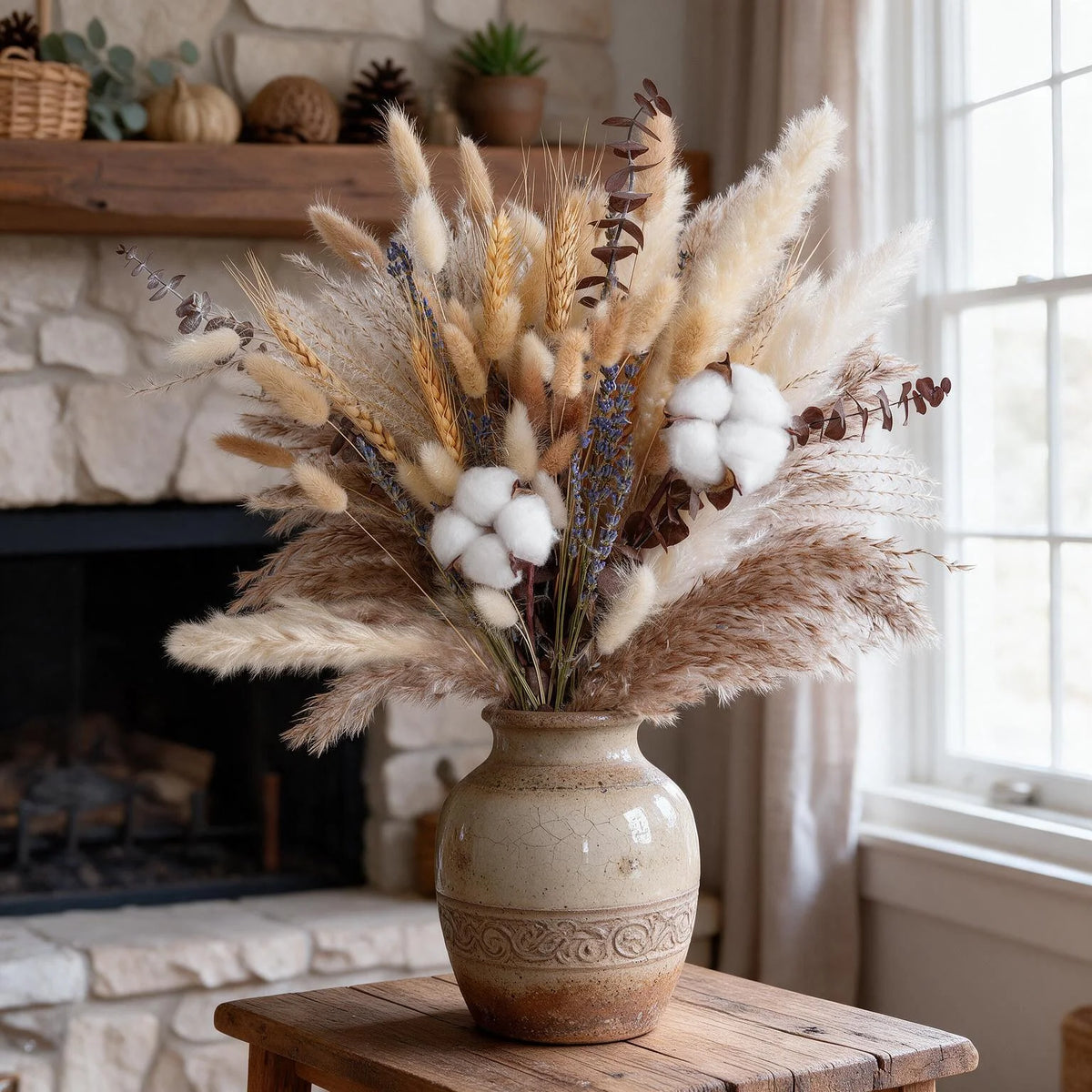 84PCS Pampas Grass Bouquet 17.5in Mixed Dried Flowers Cotton Wheat Stalks Dried Lavender Bunny Tails Eucalyptus Farmhouse Rustic Boho Home Wedding Thanksgiving Fall Decor Table Centerpiece Vase Filler Vase Not Included