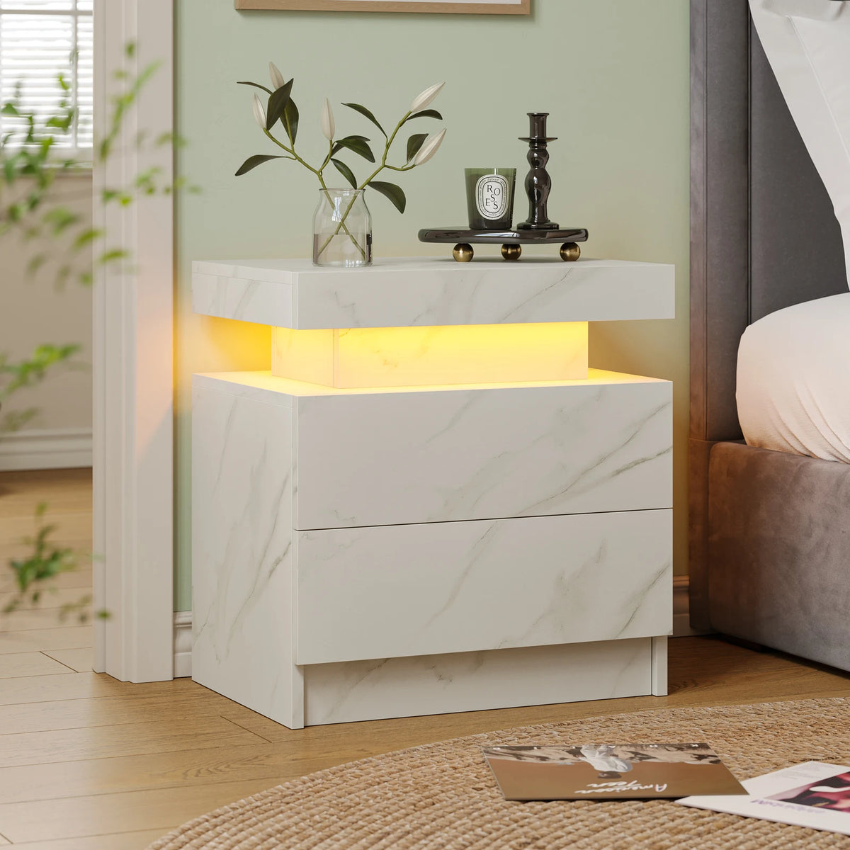 LED Nightstands with 2 Drawers, End Table with RGB LED Lights for Bedroom Living Room, White Bedside Table