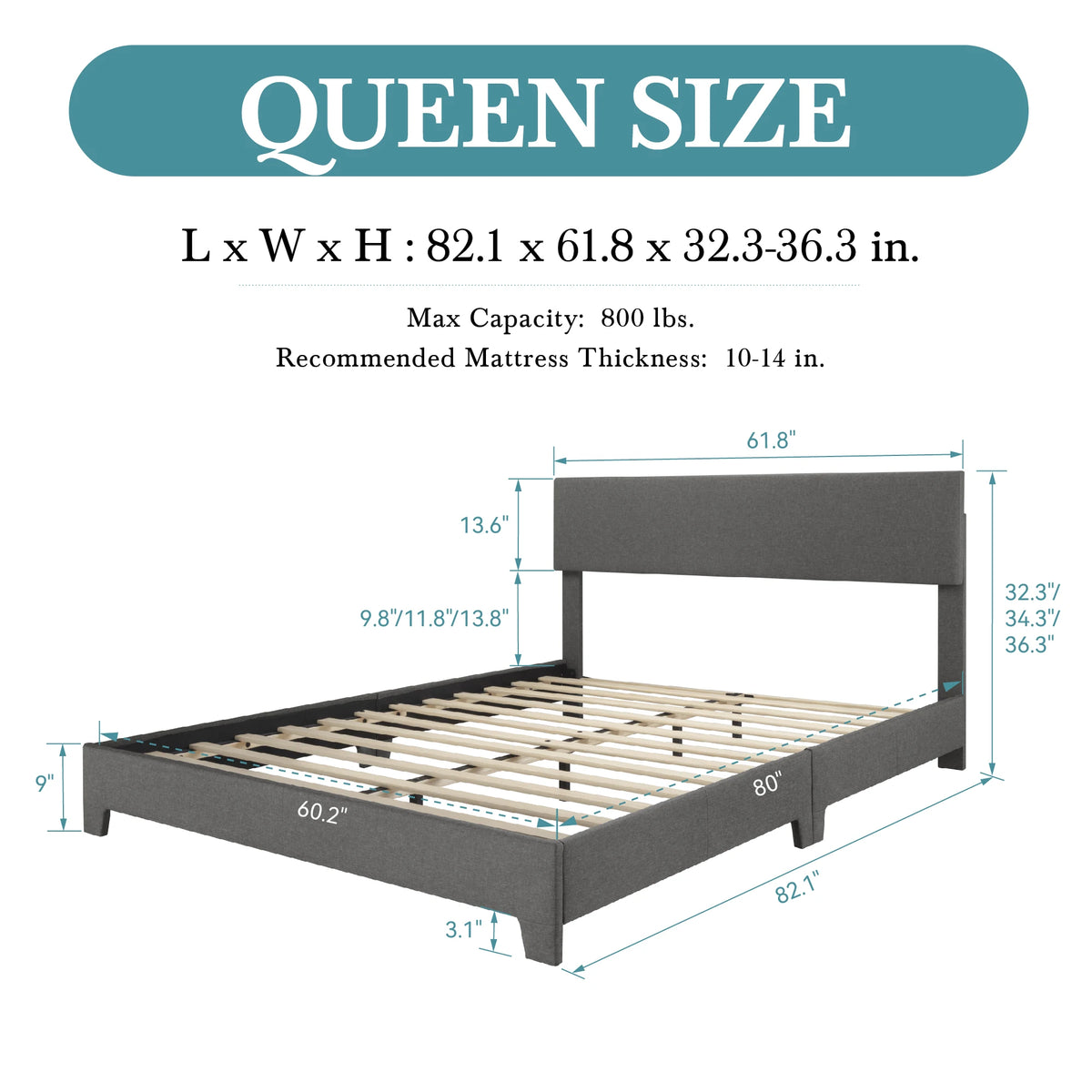 Full/Queen/King Upholstered Bed Frame with Adjustable Linen Headboard, Sturdy Wood Slats & Quiet Support