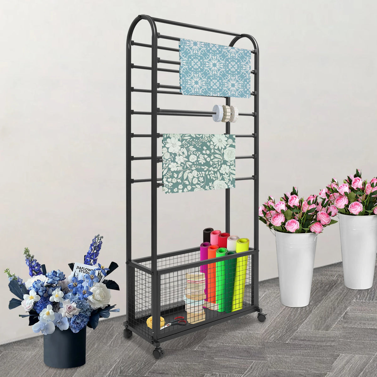 Rolling Ribbon Holder Organizer Rack 15 Rods Iron Ribbon Holder with Storage Basket for Wrapping Paper Ribbons Scarves Clothes 70*30*165cm