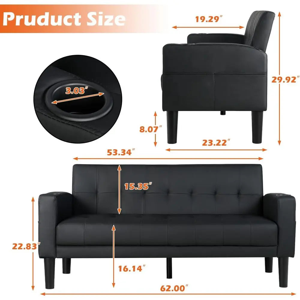 62" Loveseat Couches Upholstered Leather Love Seat Sofas Couch with 2 USB, Cup Holders