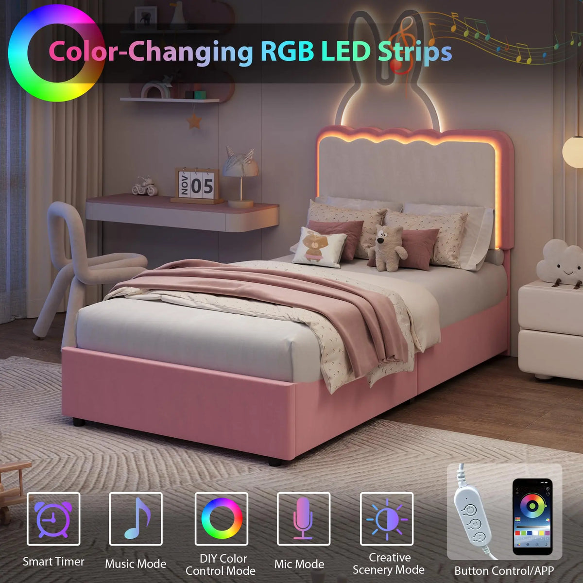 GarveeLife Modern Princess Upholstered Platform Bed Frame with LED Lights – 2 Storage Drawers, Double Wave Velvet Headboard, Sturdy Metal & Wood Support, No Box Spring Needed, Easy Assembly – Ideal for Kids, Teens, Girls