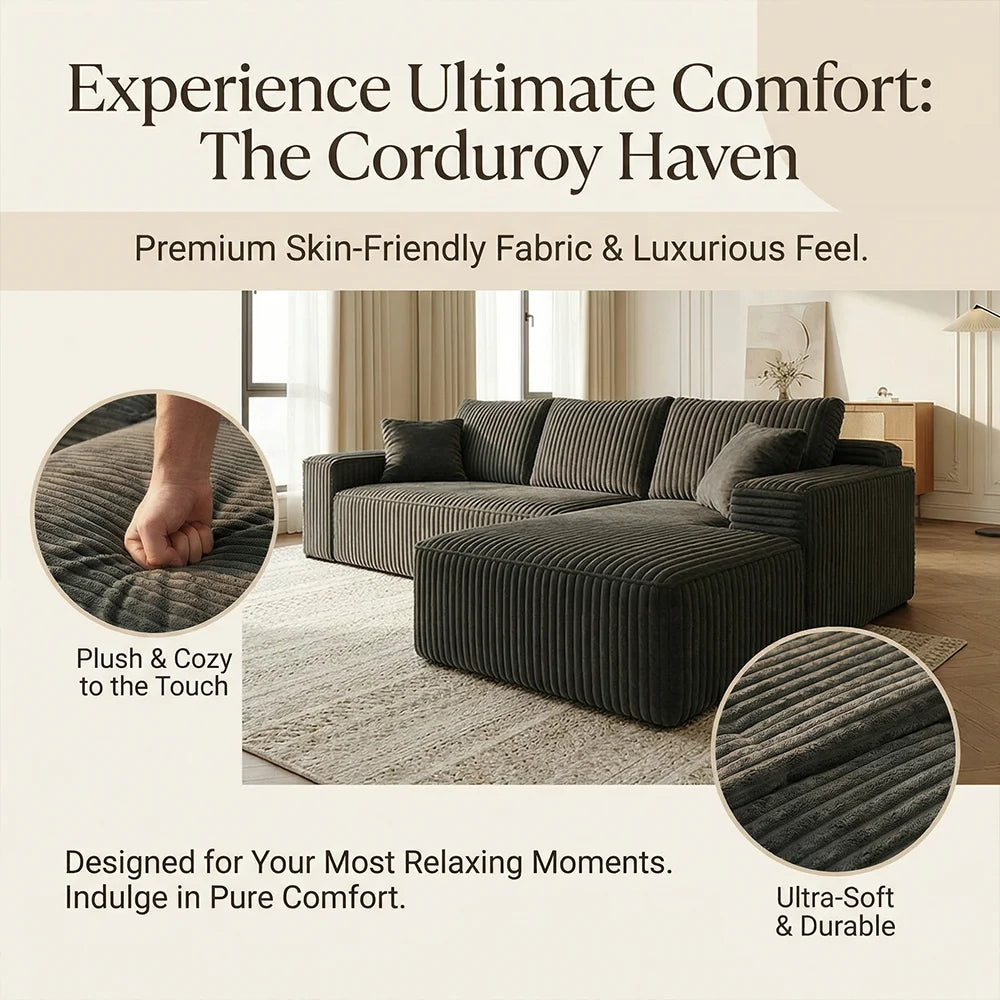 Dark Gray Corduroy L Shaped Compression Sectional Sofa with Chaise Ottoman Vacuum Packed No Assembly Fluffy Striped Fabric Couch for Living Room Apartment