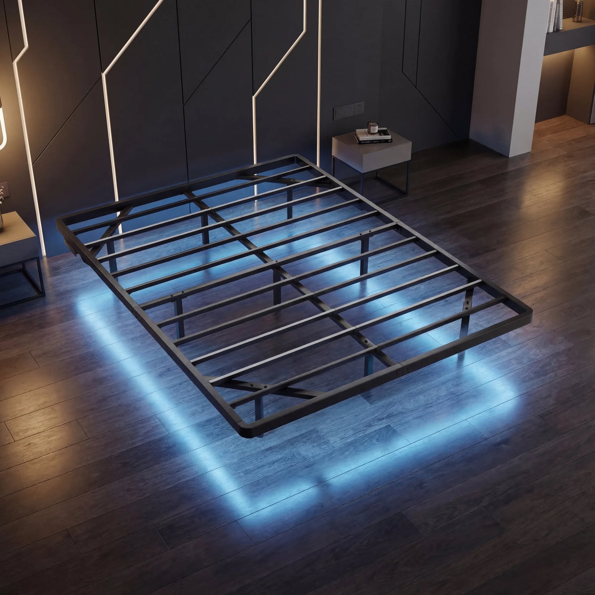 Twin/Full/Queen/King Size Heavy Duty Floating Bed Frame with Smart LED Lights and Charging Station, No Box Spring Needed