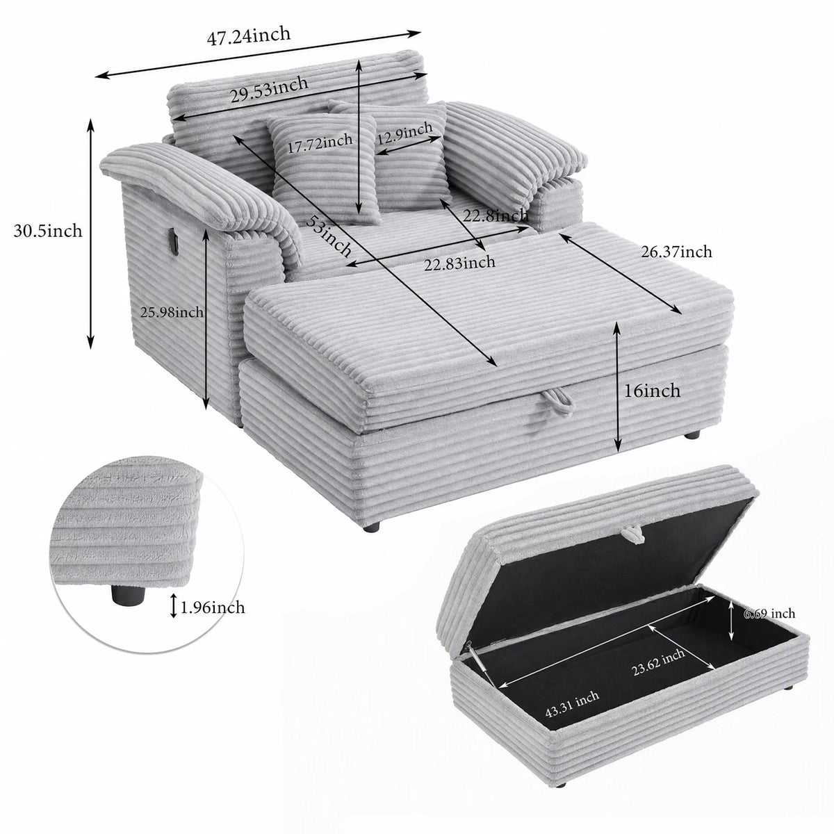 47.24-Inch Corduroy Armchair Storage Ottoman Set Single Sofa Equipped With USB Interface Suitable for Living Room Bedroom