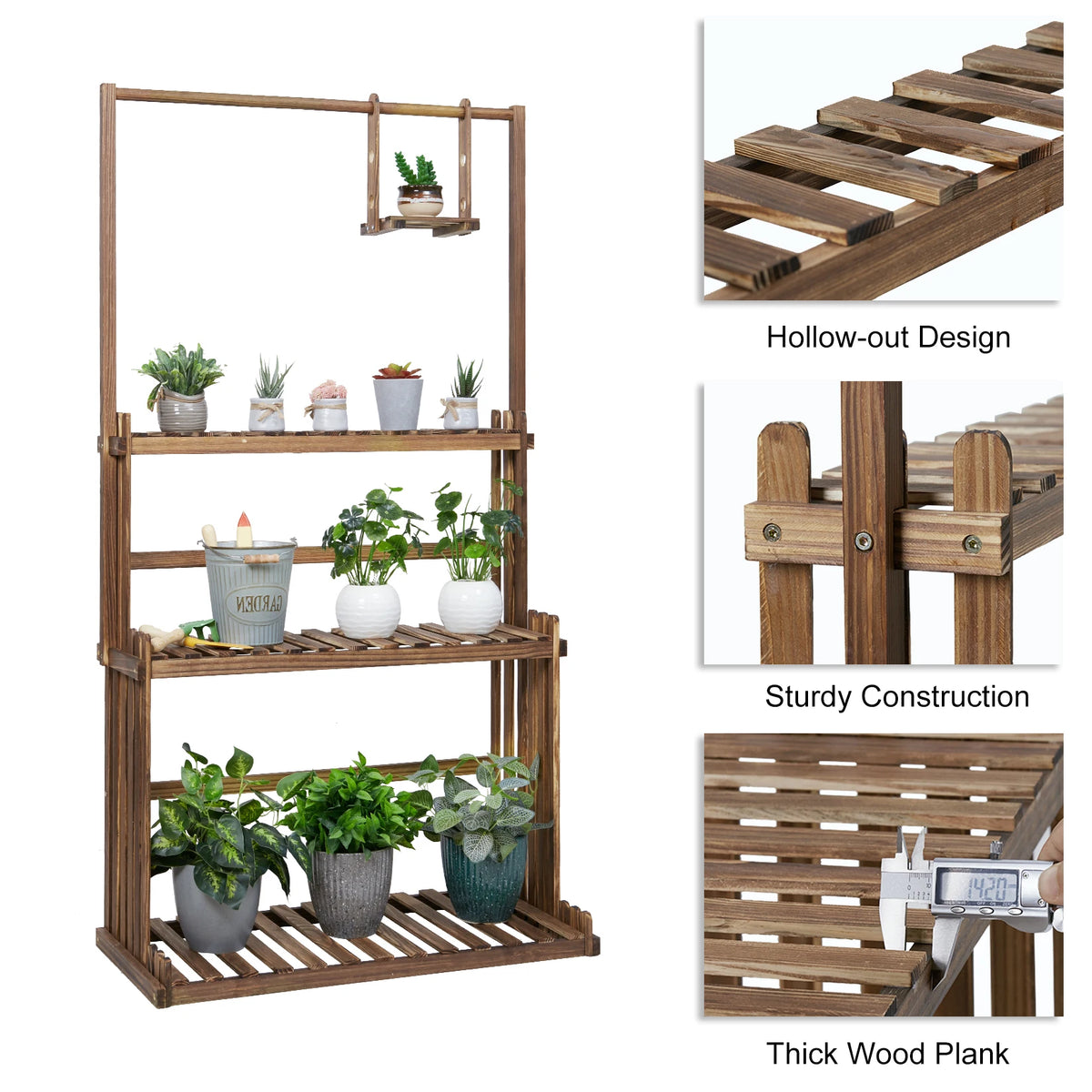 3 Tiers Wood Hanging Plant Stand Heavy Duty Garden Tall Flower Display Rack Holder
