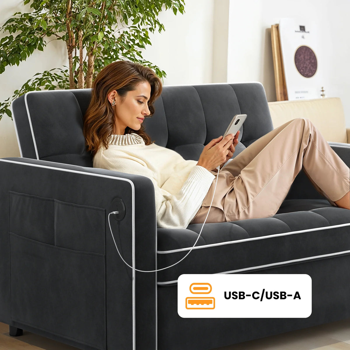3 in 1 Sleeper Sofa Bed, Pull Out Couch with USB & Type-C Ports, Deep Seat Convertible Loveseat Sofa, Adjustable Backrest, Dual Side Pockets, Velvet Futon Couch for Living Room, Apartment