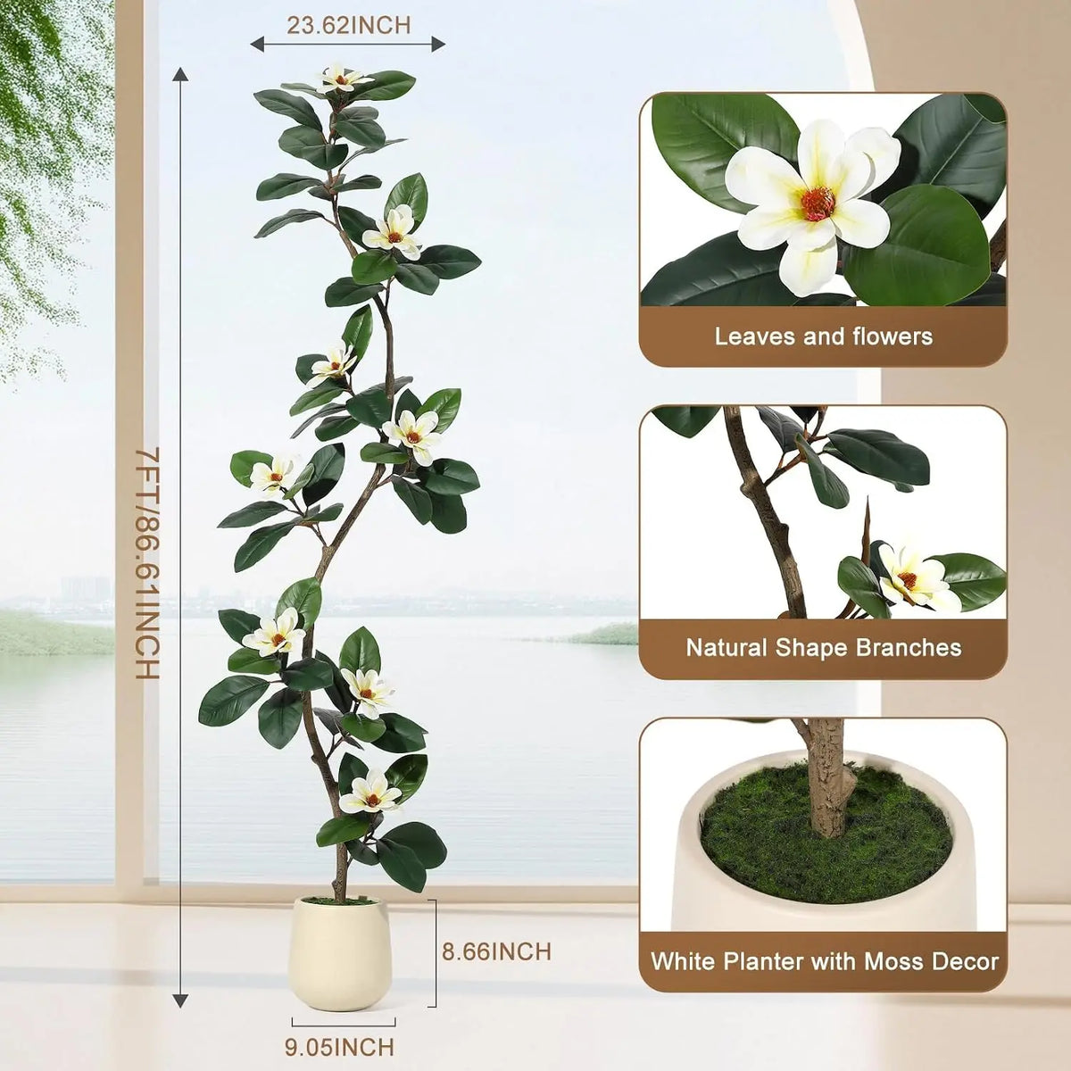 Rubber Tree Artificial Tree in White Planter Pot,Faux Plants Indoor Faux Floor Plant Artificial Plants with Magnolia Flowers for Home Office Decor