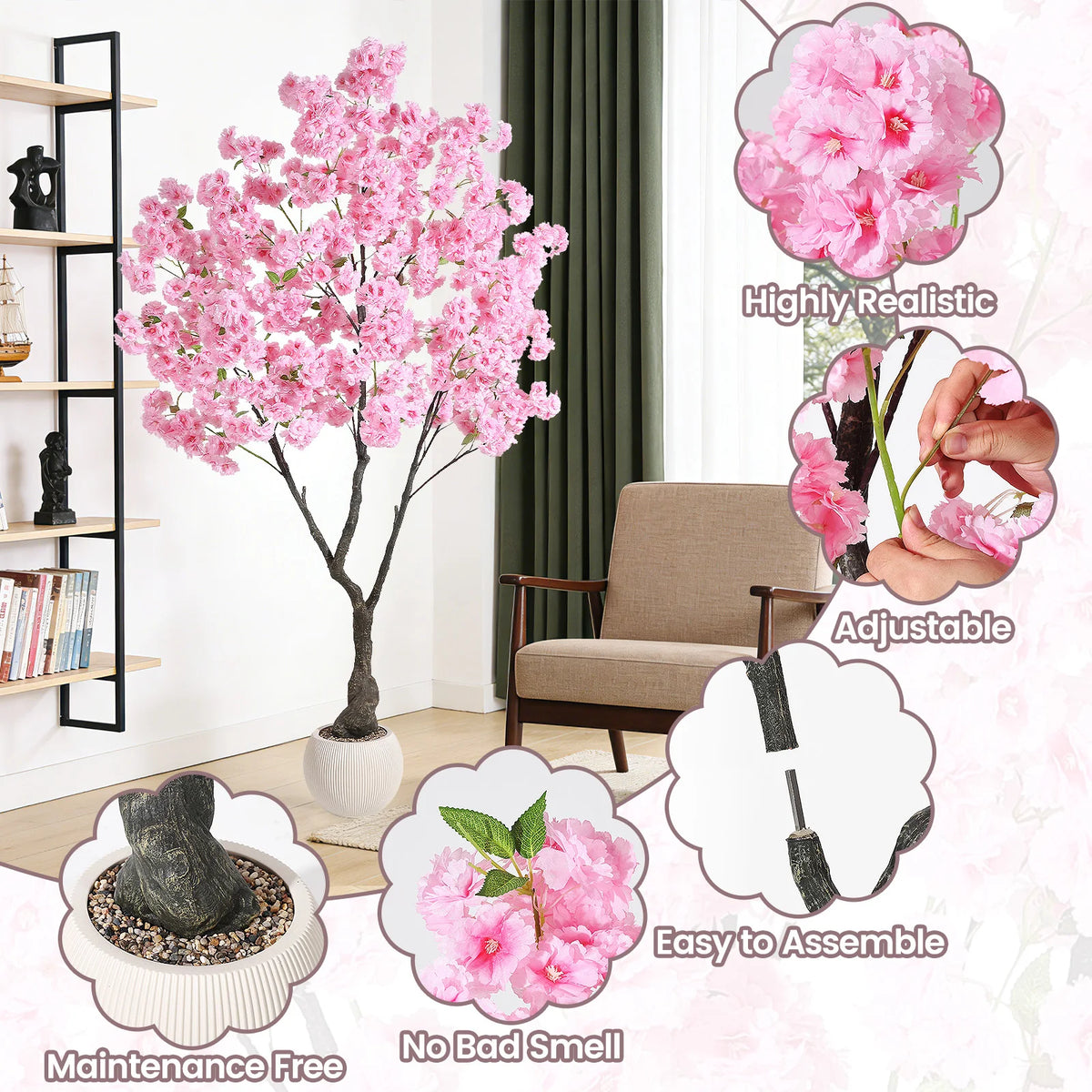 Artificial Cherry Blossom Tree with White Planter & Adjustable Branches, Realistic Faux Floral Tree for Indoor Home Living Room Decor, Pink