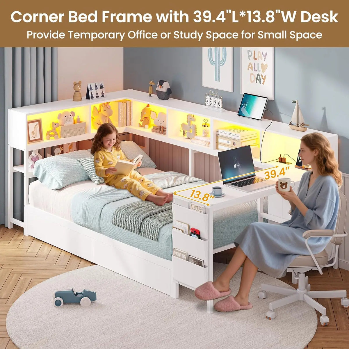 Corner Twin Bed Frame With Desk, Charging Station And Bookcase Storage Metal Platform Bed Frame With Storage Drawers And Led Light