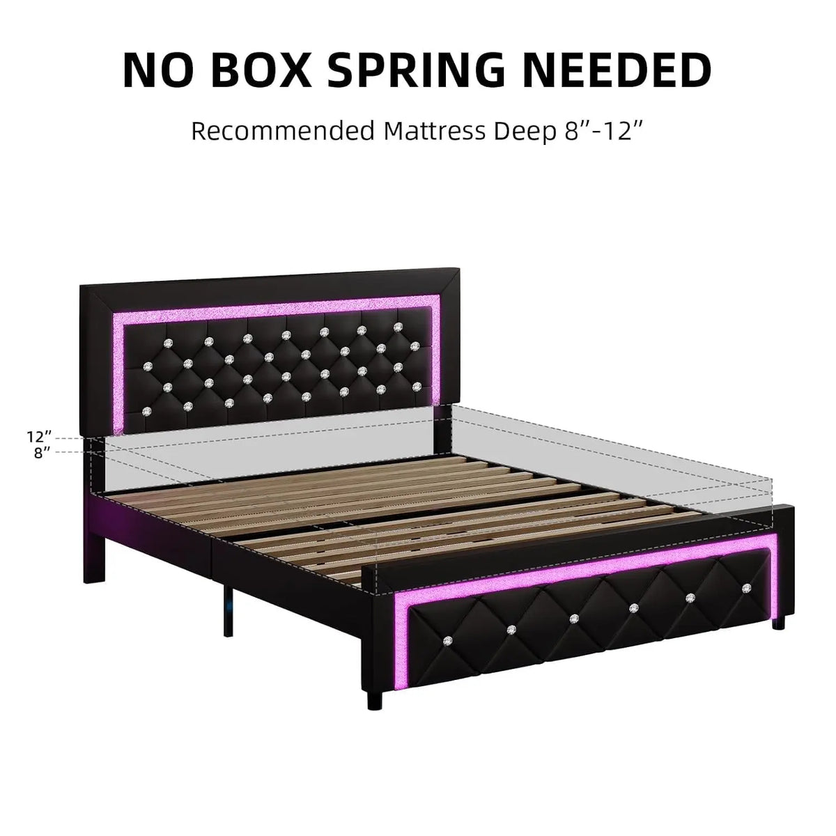 Queen Bed Frame LED Diamond Tufted Headboard Black, Customized