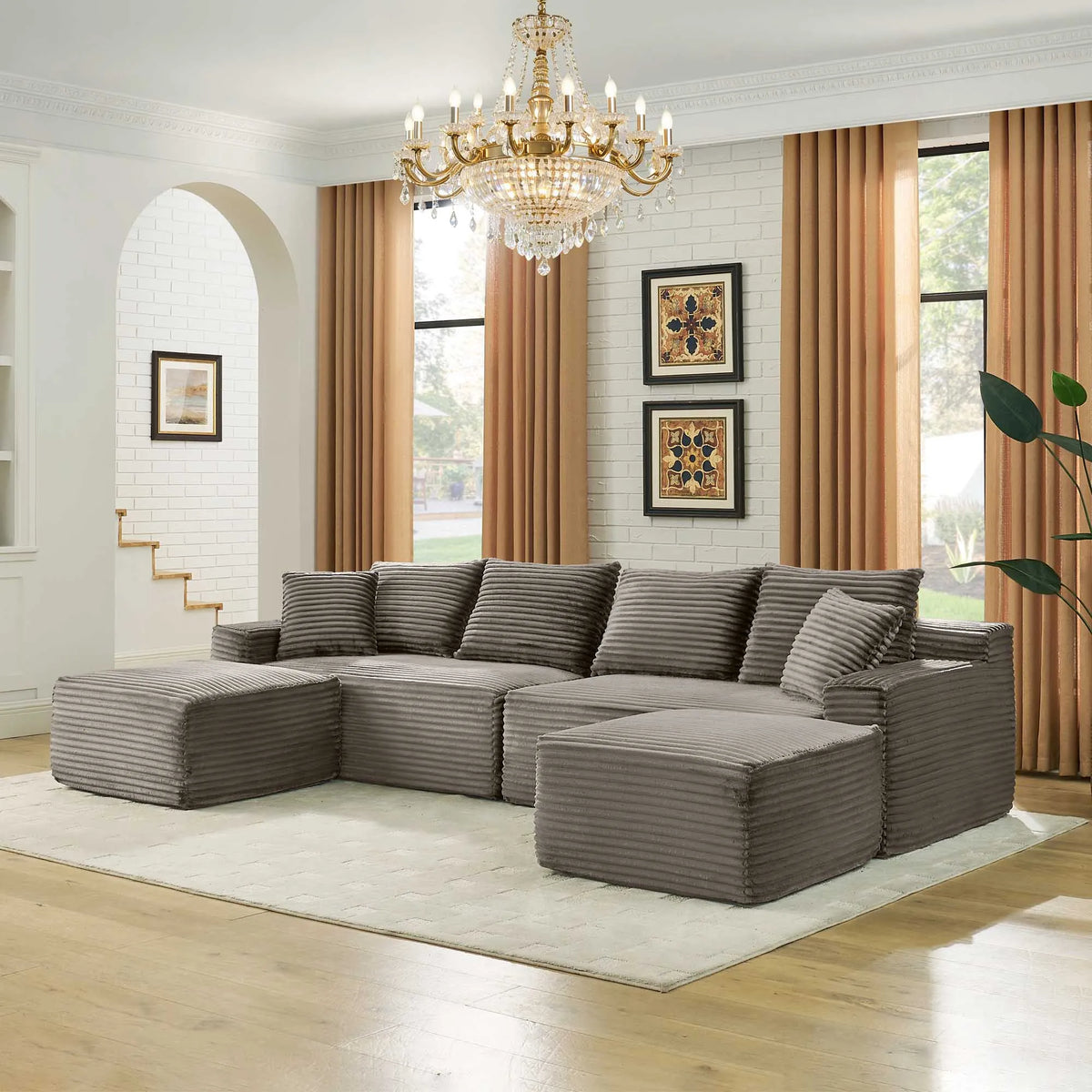 115" Comfy U-Shaped Sectional Couch, Modern Corduroy Sofa with Chaise and Ottoman, No-Tool Assembly Free Modular Cloud Sofa for Living Room Apartment, Green