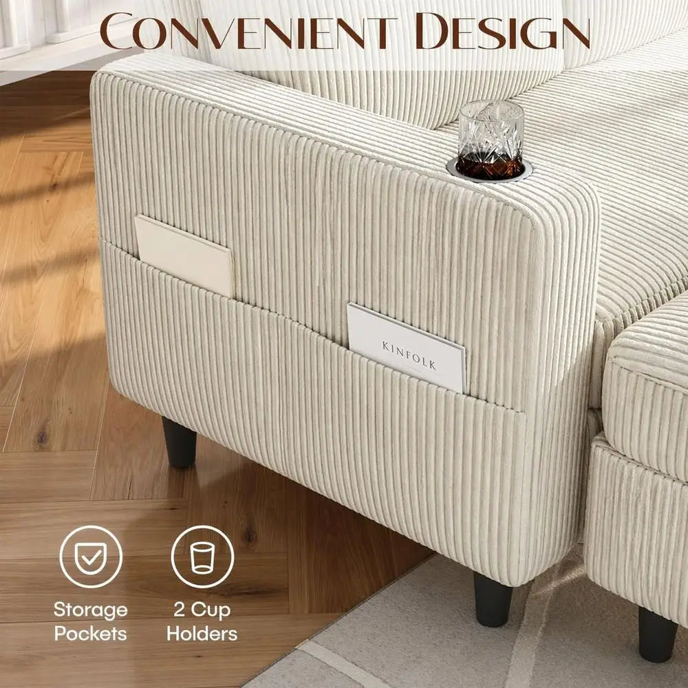 Convertible Sectional Couches or Living Room, 3 Seats L Shaped Sofa with Storage Ottoman & 2 Cup Holders, Corduroy Couch