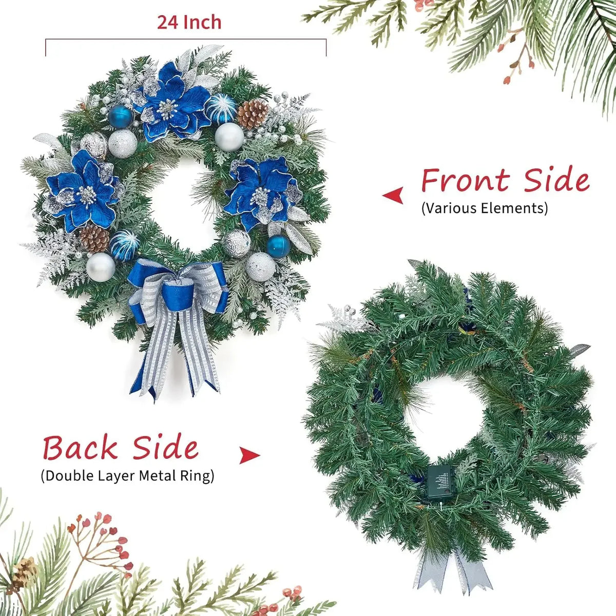 Artificial Christmas Wreath 24 Inch Garland with 20 Lighting Modes Themed Holiday Decorations Featuring Shiny Ornaments and Ribbon Indoor Outdoor Door Decor