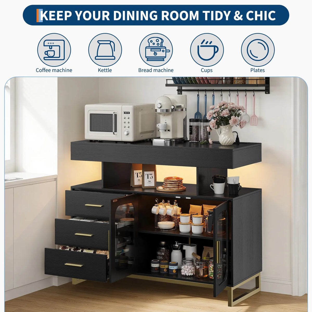 40 Inch Sideboard Buffet Cabinet With RGB LED Lights, Charging Station, 3 Drawers And 2 Doors, Coffee Bar Storage For Kitchen Living Room