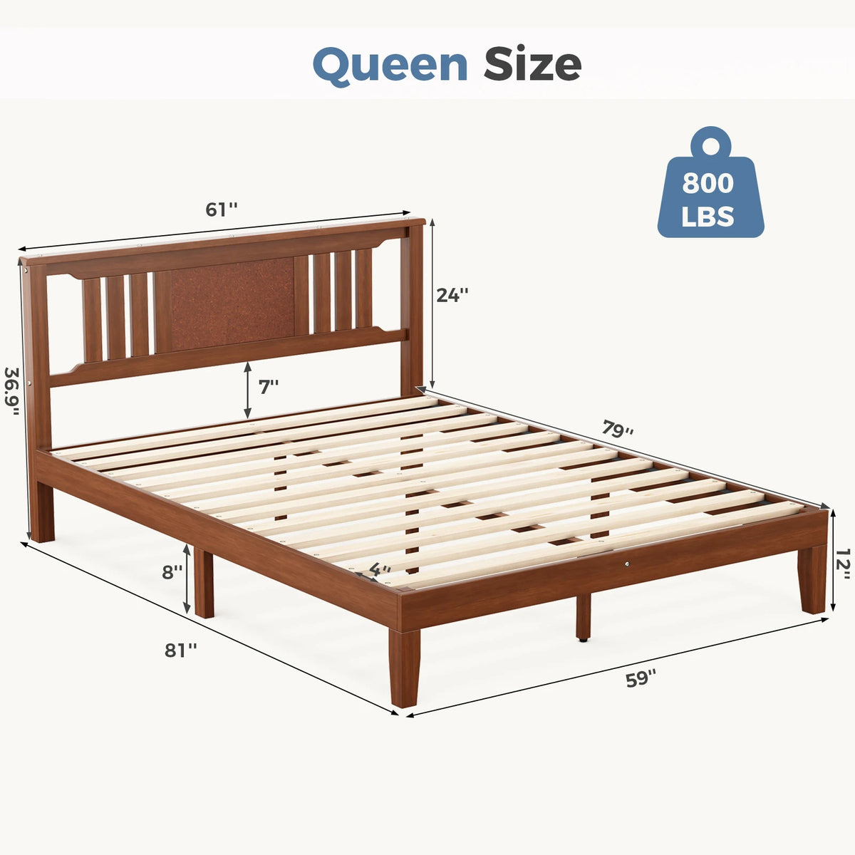 Wood Bed Frame Platform Bed with Headboard Sturdy Solid Wood Slat Support Up to 800 lbs No Box Spring Needed Easy Assembly Noise Free Suitable for Bedroom Furniture