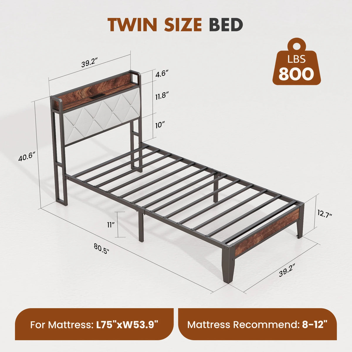 King Size Soft Pack Heavy Duty Metal Bed Frame with Headboard Charging Station 1100lbs Capacity Easy Assembly For Bedroom