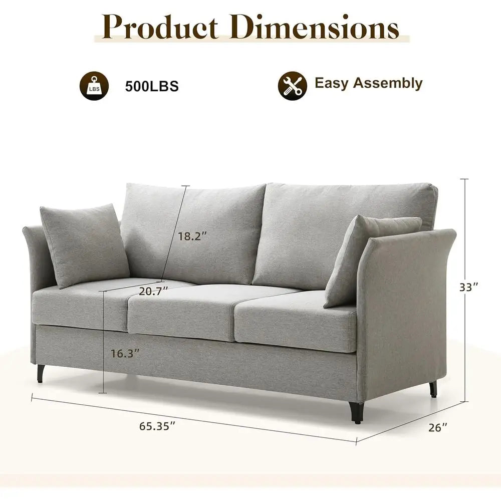 Sofa 3 Seat Couch 65.35" W Deep Seat Sofa or Living Room, 3 Person Seater fabric Couch Sofa Comfy Sleeper Sofa
