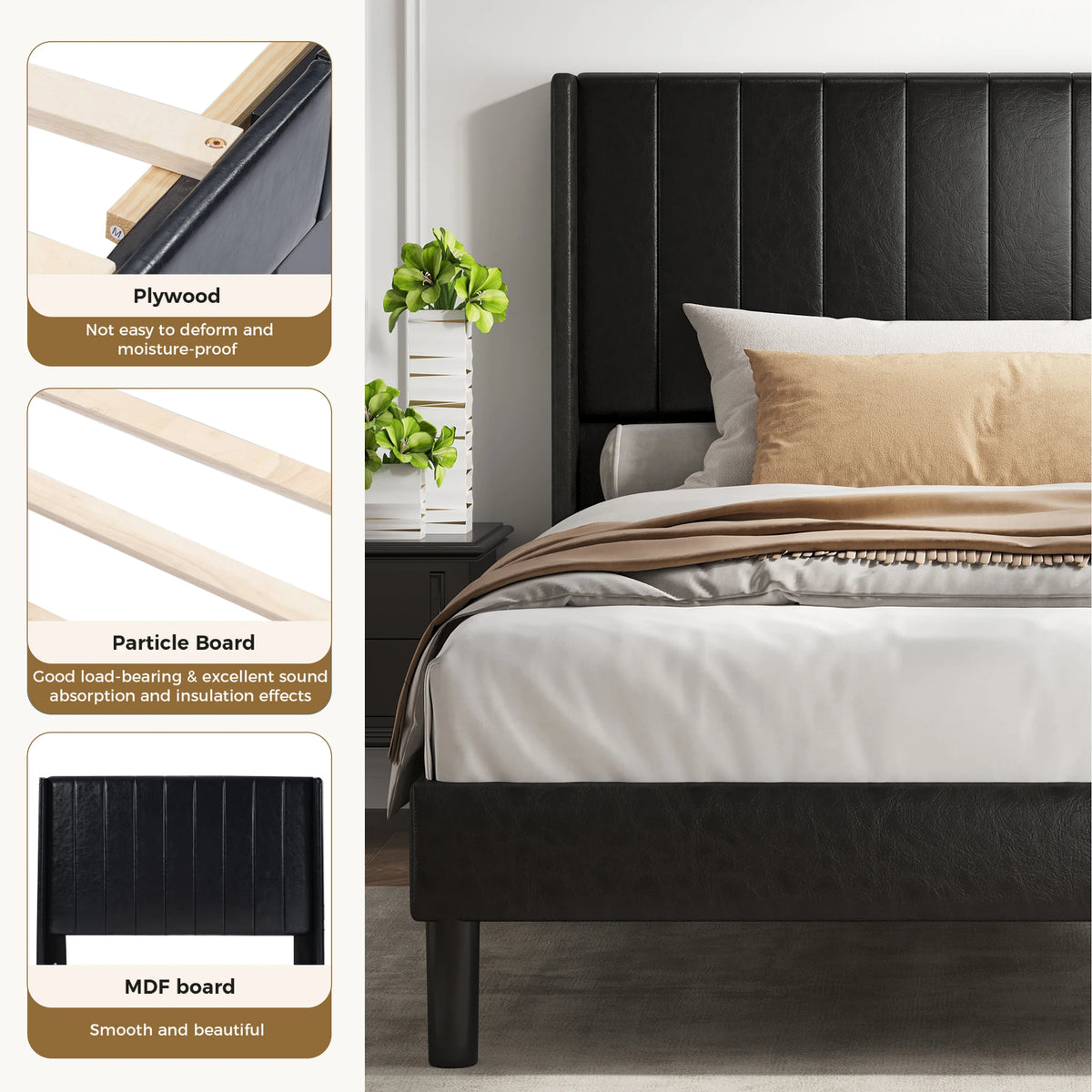 Wooden Bed Frame with PU Leather Wingback Headboard No Box Spring Needed with Sturdy Wooden Slats Support Upholstered Mattress Foundation For Home Bedroom