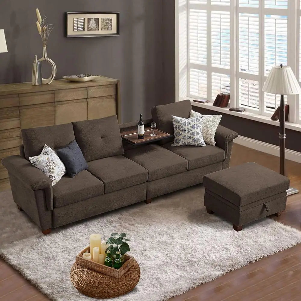 Convertible Sectional Sofa with Storage, 4 Seat L Shaped Couch with Chaise and Cup Holder, Microfiber Fabric