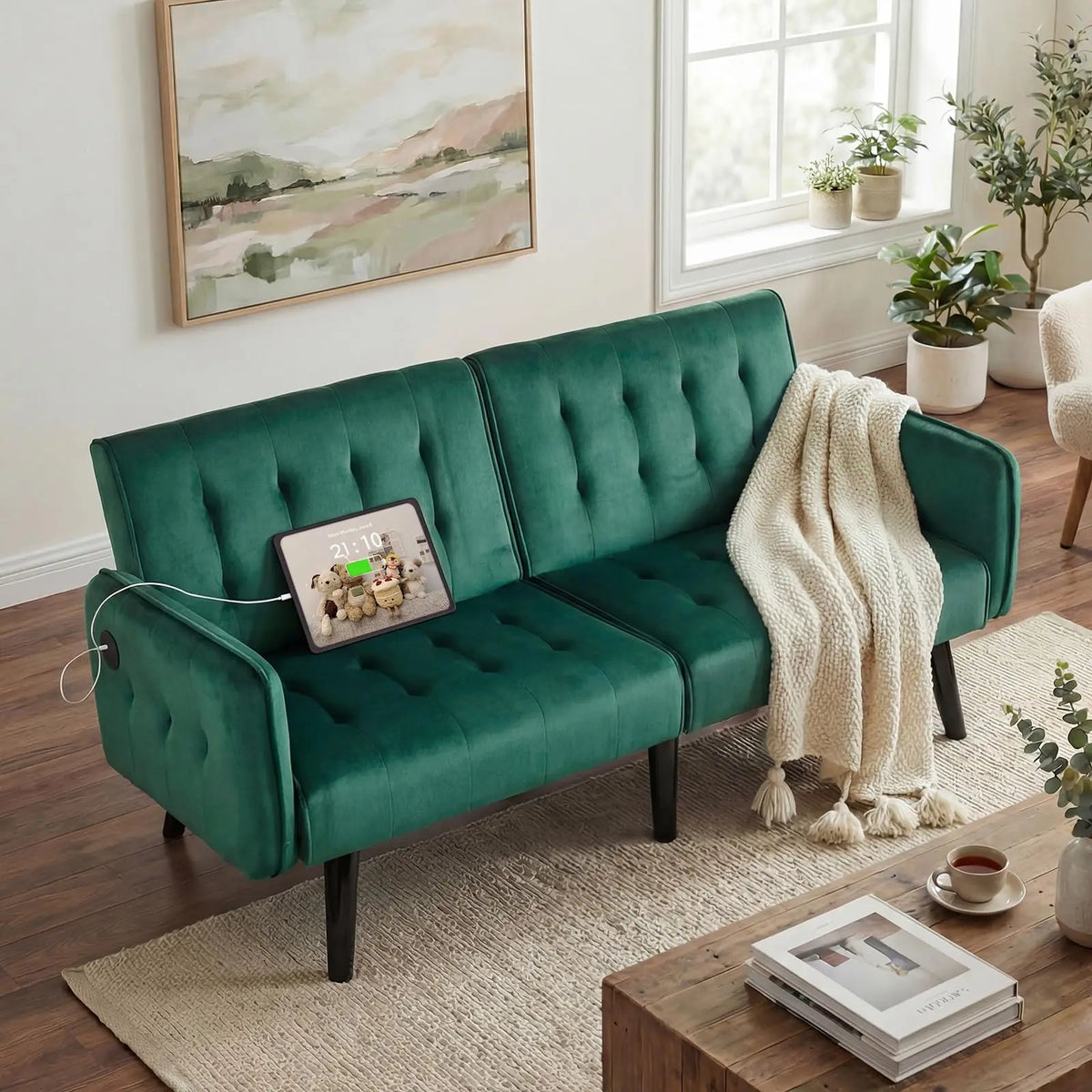 65" Brown Faux Leather Futon Sofa Bed Convertible Sleeper Loveseat 2 USB Ports Tufted Adjustable Folding Couch Space