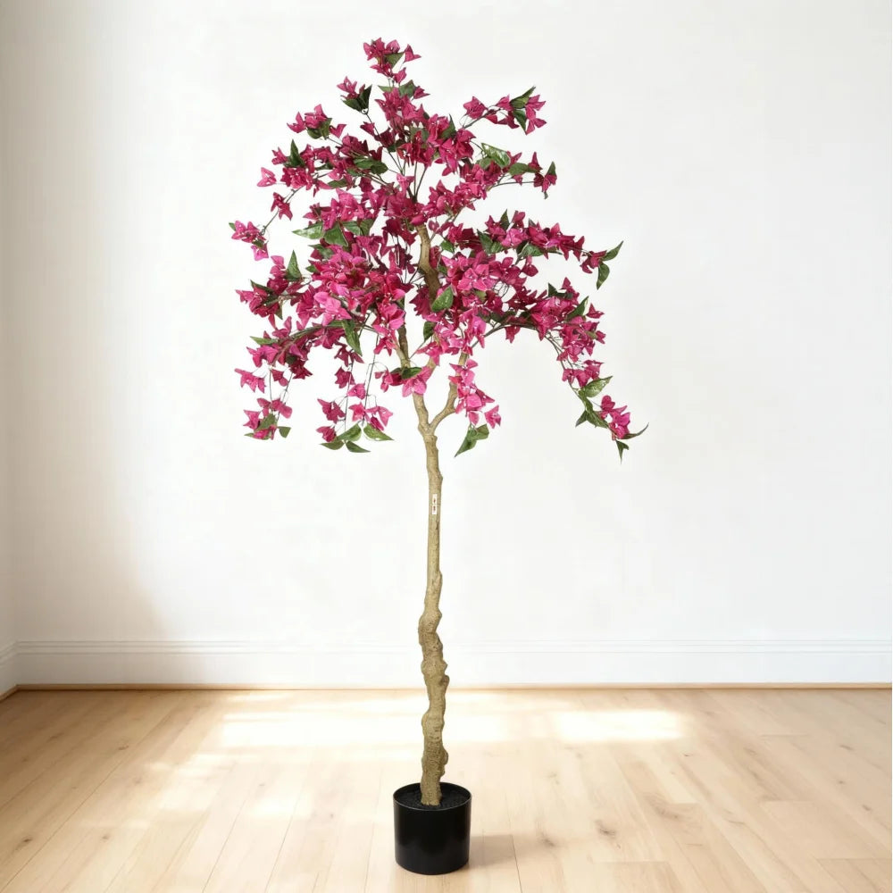6FT Artificial Bougainvillea Tree with Black Plastic Pot, Realistic Flowering Fake Plant for Indoor Home Decor, Potted Faux Tree, 1pc/set