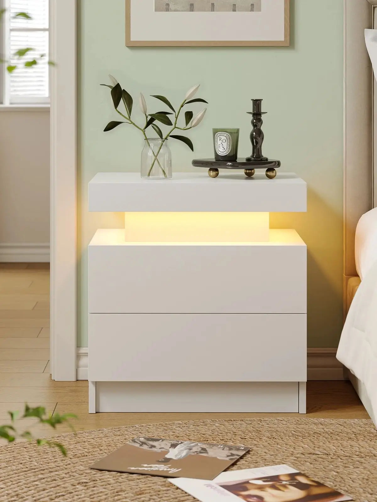 LED Nightstands with 2 Drawers, End Table with RGB LED Lights for Bedroom Living Room, White Bedside Table