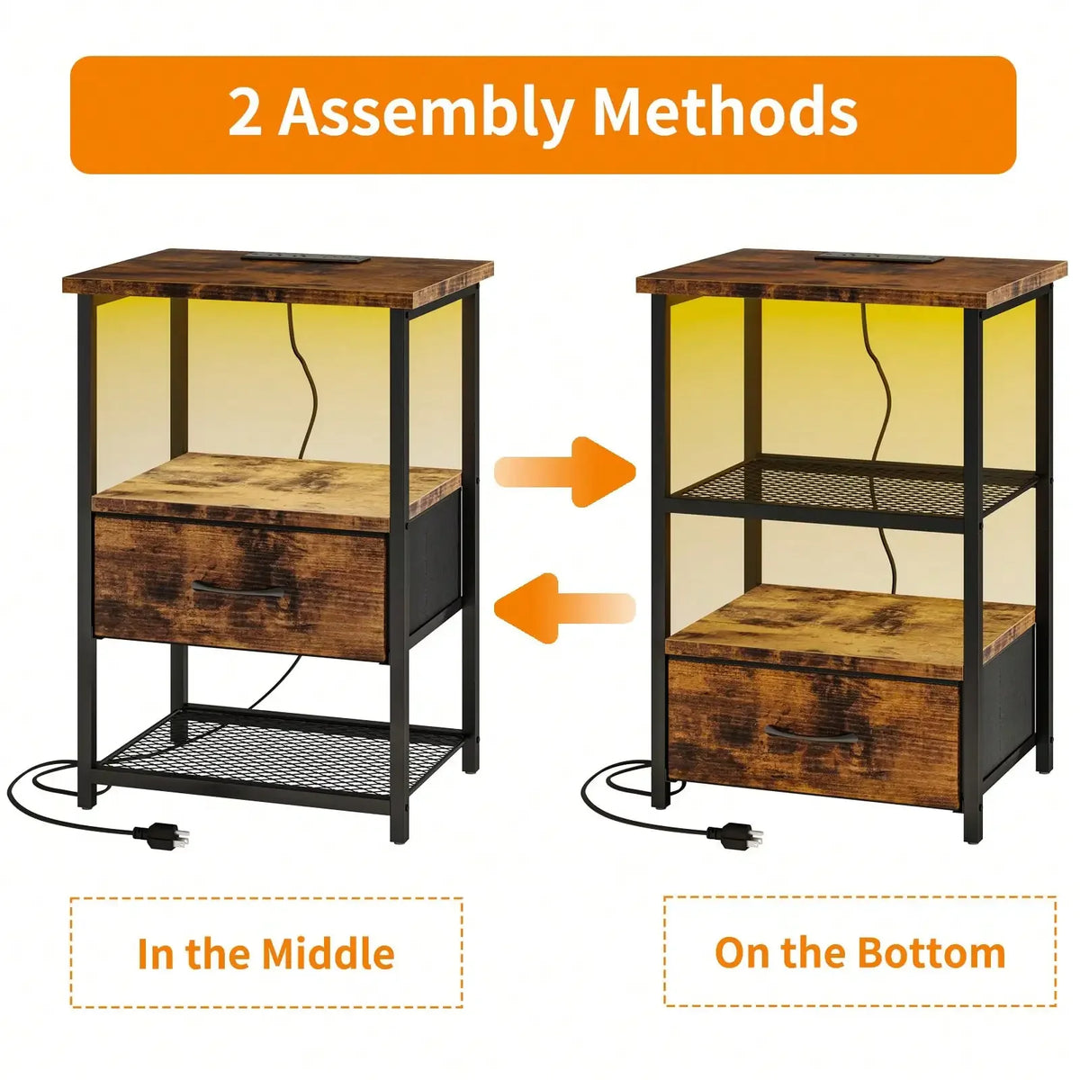 Beside Table With Charging Station, LED Nightstand With Fabric Drawers, End Table With PU Finish, Bedside Table, For Bedroom