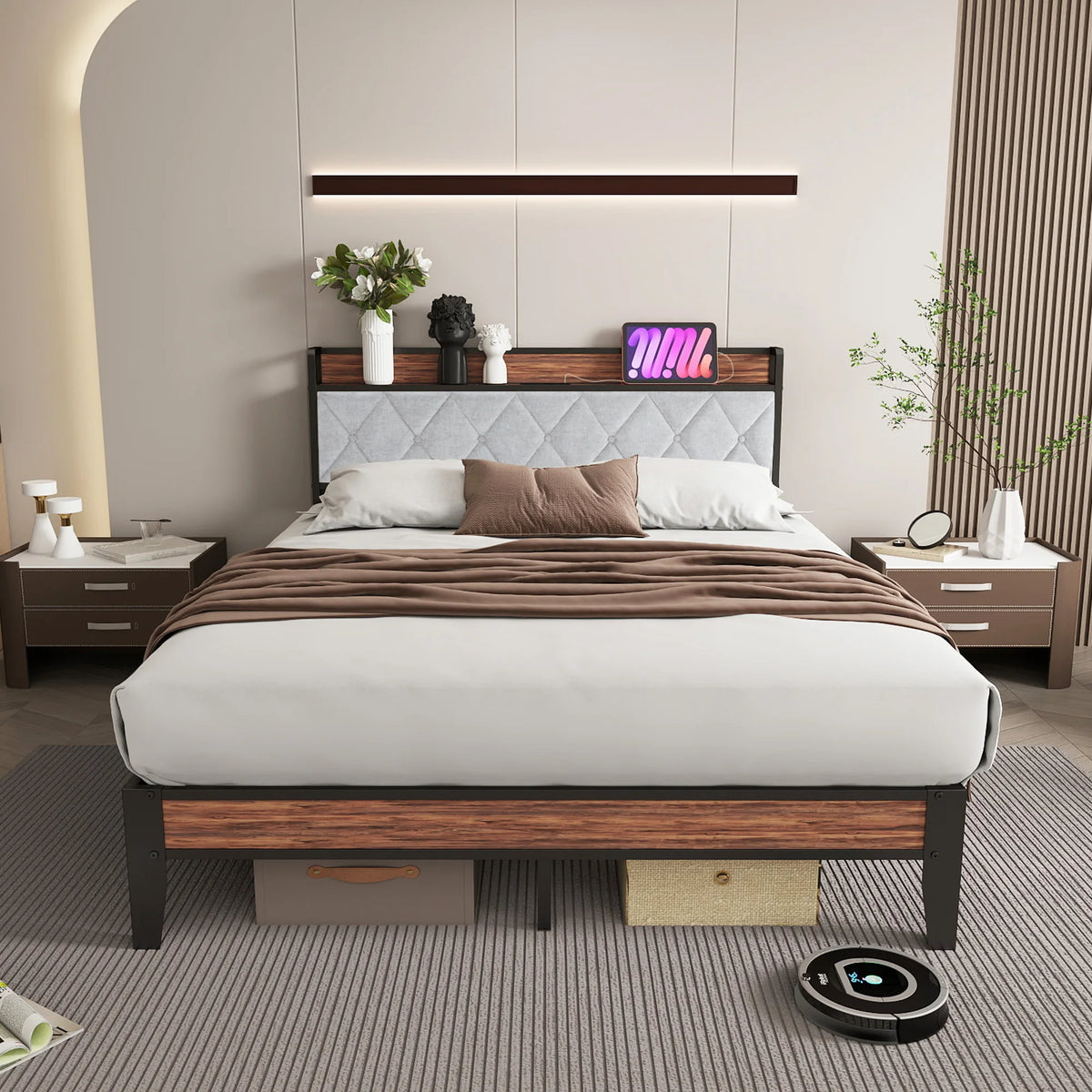 King Size Soft Pack Heavy Duty Metal Bed Frame with Headboard Charging Station 1100lbs Capacity Easy Assembly For Bedroom