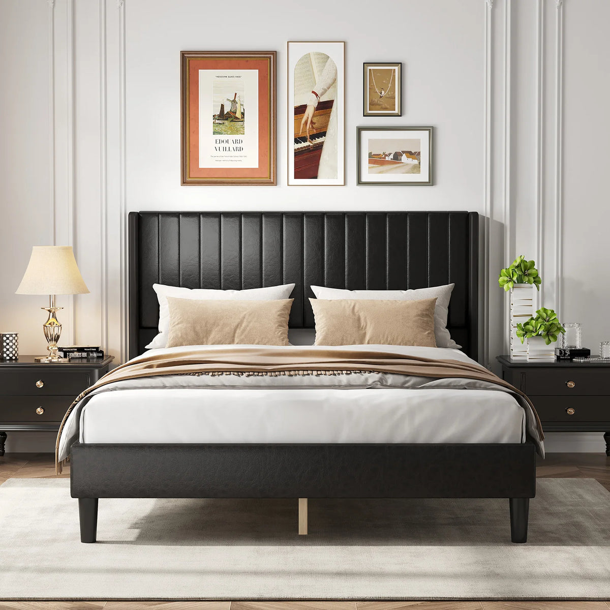 Basic Upholstered Platform Bed Frame with Modern Wingback Headboard Wooden Slats 800lbs Capacity No Box Spring Needed Easy Assembly For Bedroom