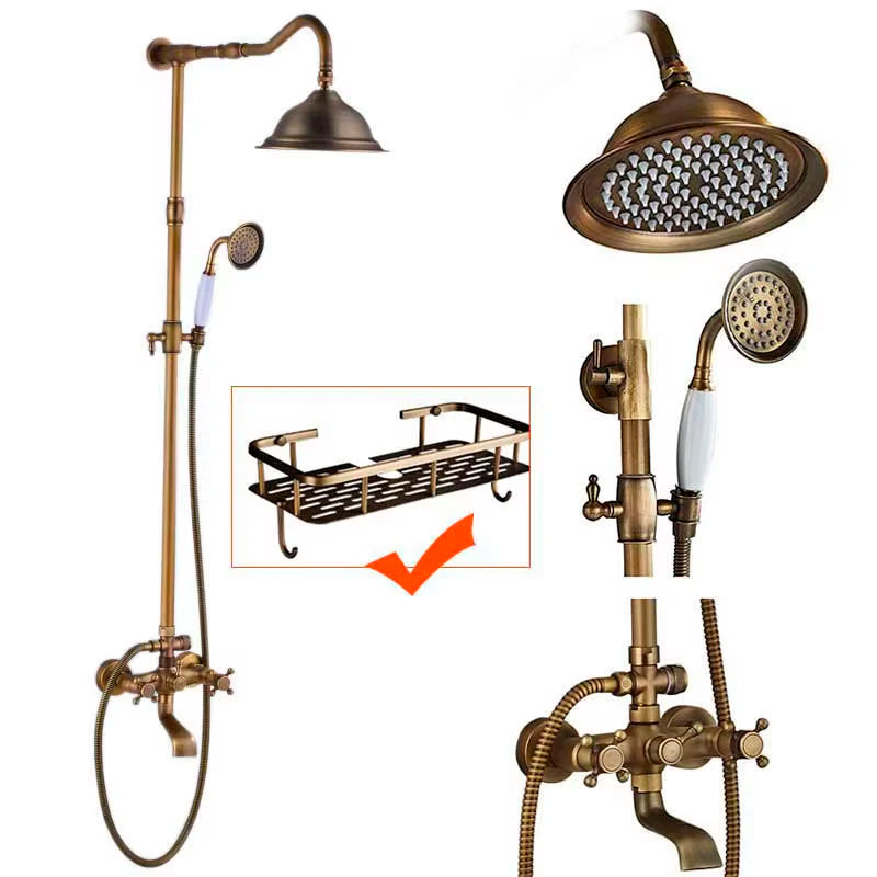 Antique Brass Shower Faucets Set Wall Mount Antique Brass Shower Kit Dual Knobs Mixer Tap Handheld Spray Bathtub Kit