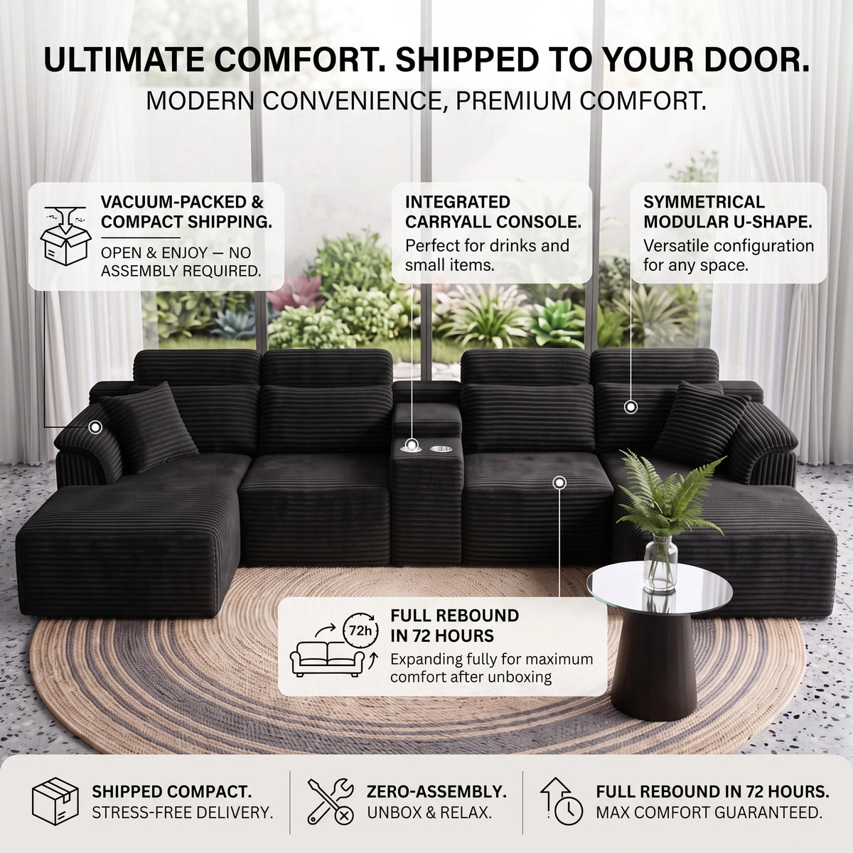 Modern Modular U-Shaped Sectional Sofa, Compressed Corduroy Couch with Storage Console & Cup Holders, Fluffy Deep Seating Living Room Furniture, Easy to Transport