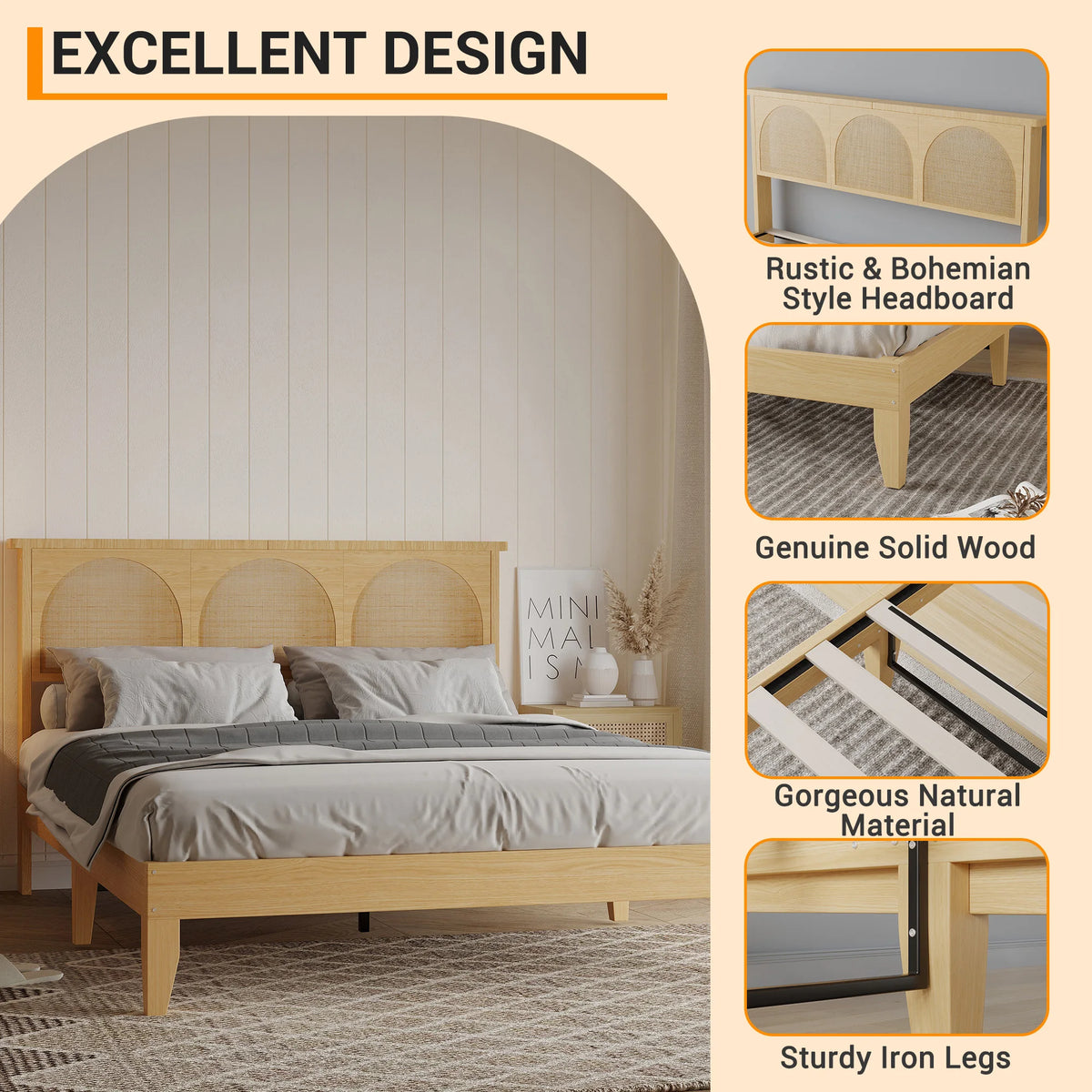 Modern Queen Platform Bed Frame with Natural Rattan Headboard, LED Lighting, 8" Storage, Sturdy Wooden Slats, Noise-Free Design, Easy Assembly, No Box Refresh Required